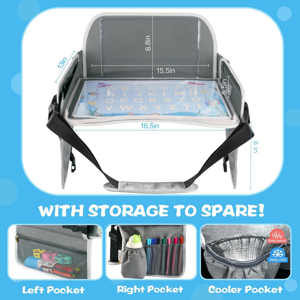 MENZOKE Kids Travel Tray for Boys or Girls, Travel Tray for Kids Car Seat with Tablet Holder, Dry Erase Board & Cooler Cup Holder, Road Trip Essentials Accessories for Car Trip, Airplane (2 Pack)