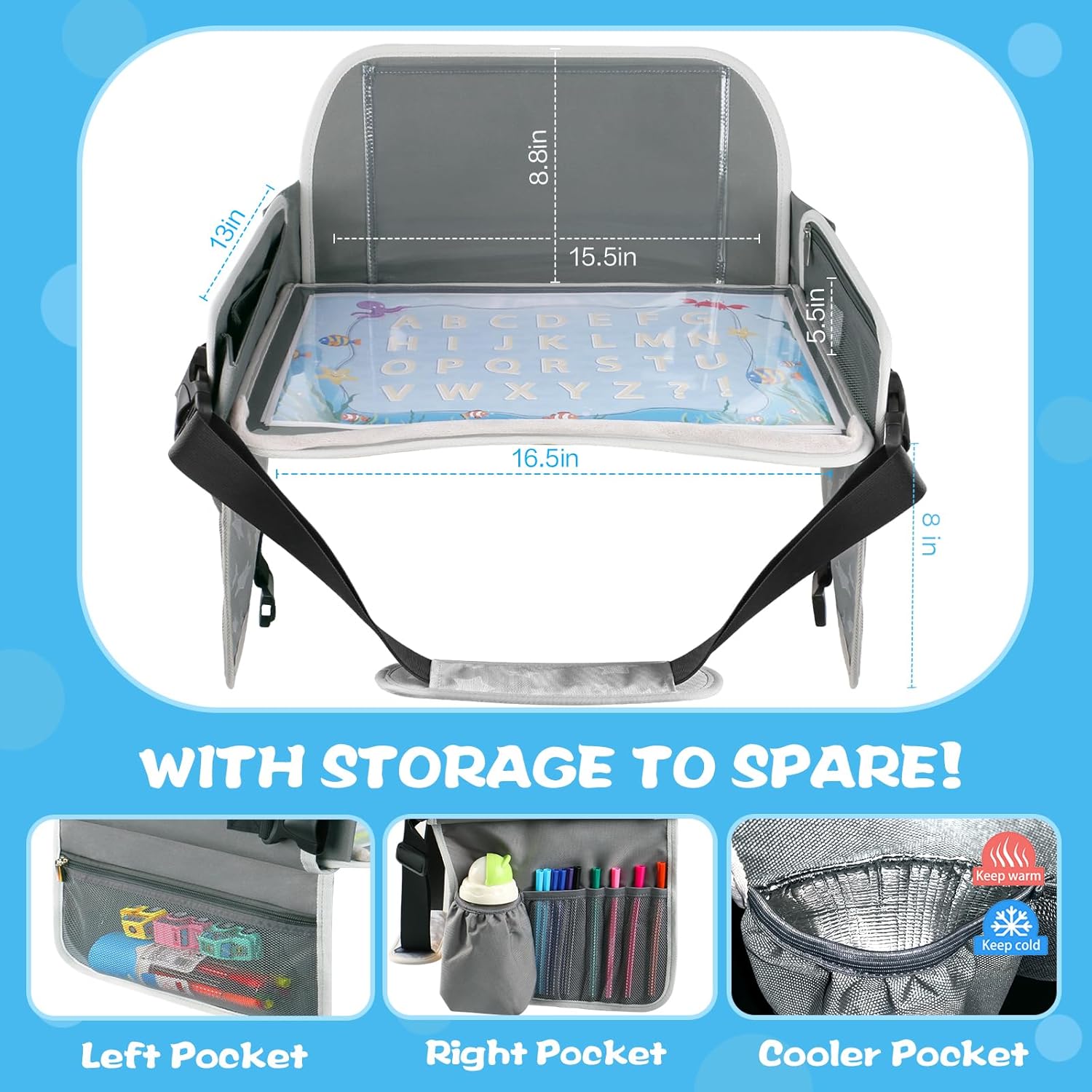 MENZOKE Kids Travel Tray for Boys or Girls, Travel Tray for Kids Car Seat with Tablet Holder, Dry Erase Board & Cooler Cup Holder, Road Trip Essentials Accessories for Car Trip, Airplane (2 Pack)