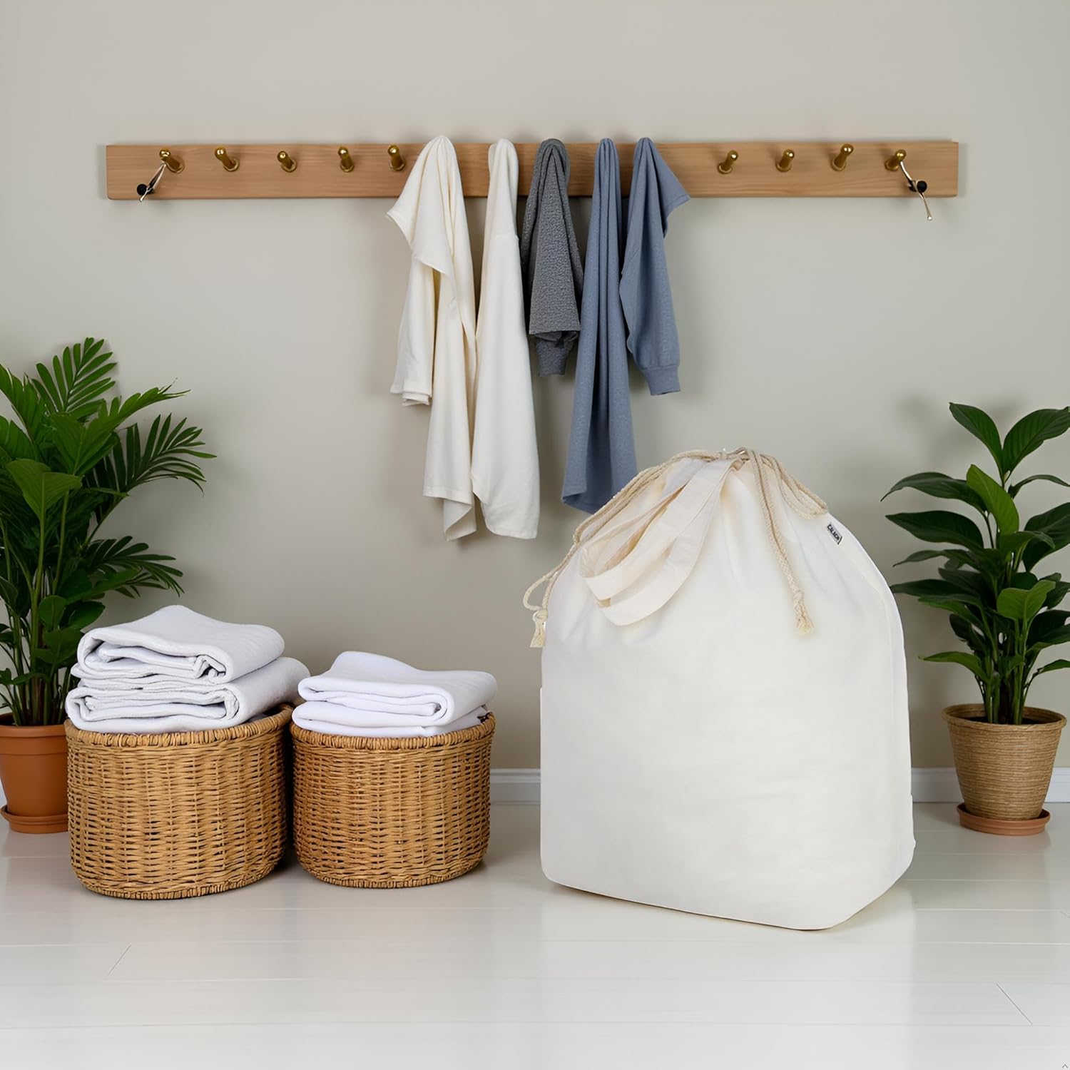 Canvas Laundry Bags with Handles & Rectangular Base, 90L Extra Large Heavy Duty Laundry Basket Hamper Liner Replacement, Washable Cotton Drawstring Dirty Clothes Bag