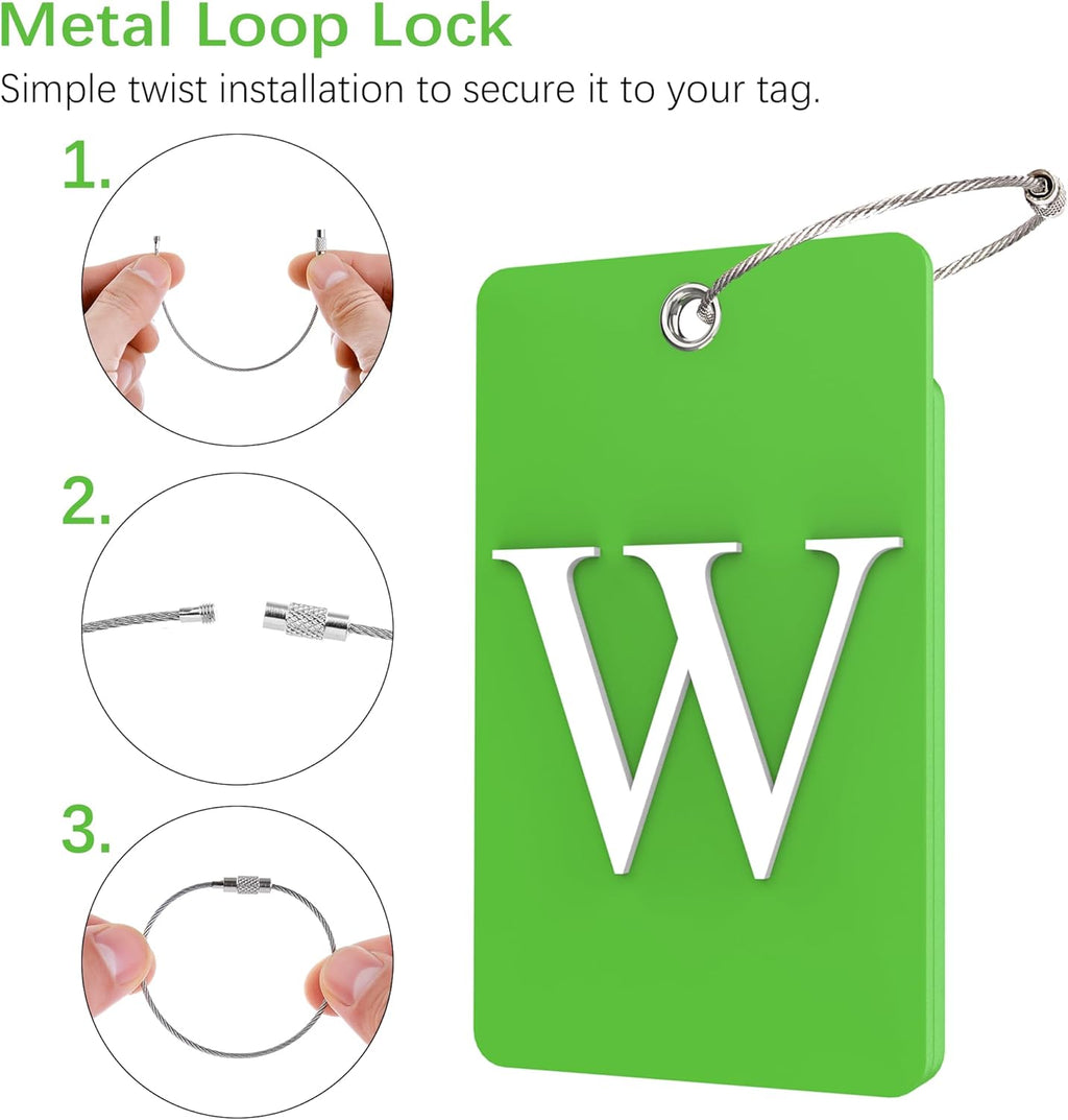 Gostwo 2 Pack Luggage Tags for Suitcases, 26 Initial Letter Travel Luggage Baggage Identification Labels ID Tag Fully Bendable Tags with Stainless Steel Loop (Green) (Letter W)