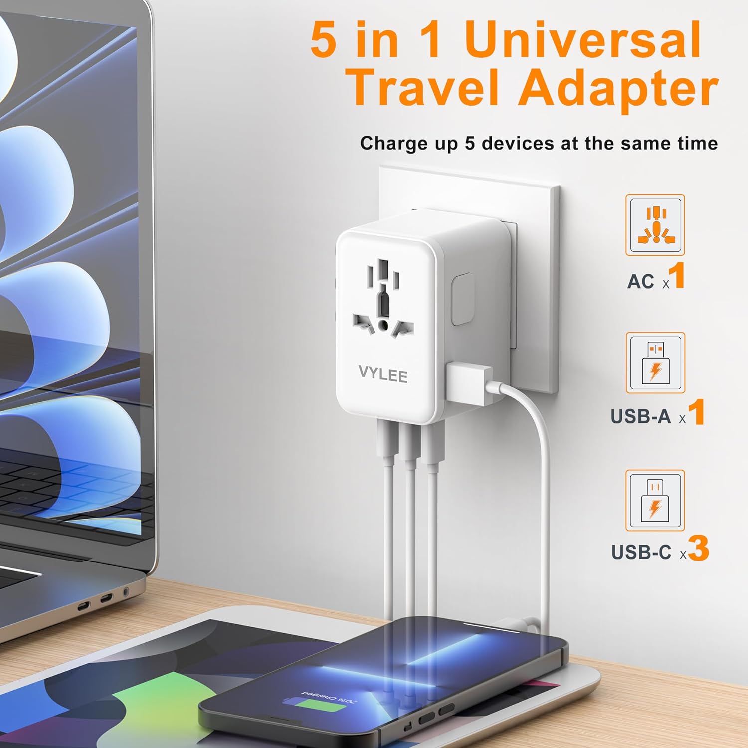PD100W GaN Universal Travel Adapter, International Power Adapter in One, 3 USB C & 1 USB A & AC Outlet, Travel Adapter Worldwide Plug Adapter with USA EU UK AUS Plugs for Laptops,Tablets,Phones