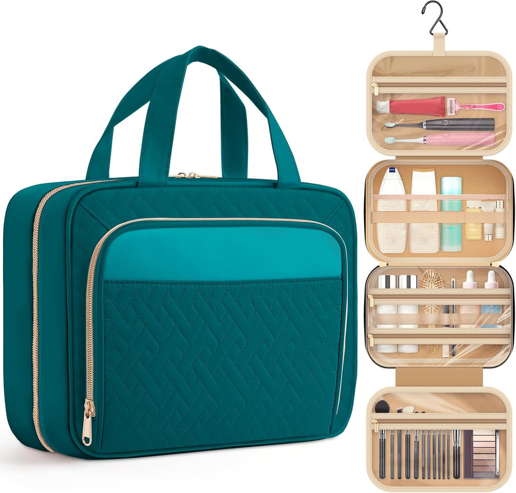 HOTOR Travel Toiletry Bag for Women & Men, Waterproof Makeup Bag with Hanging Hook and Multiple Pockets, Cosmetic Bags for Women, Travel Essentials, 11.2'' x 3.2'' x 8.9'', Teal