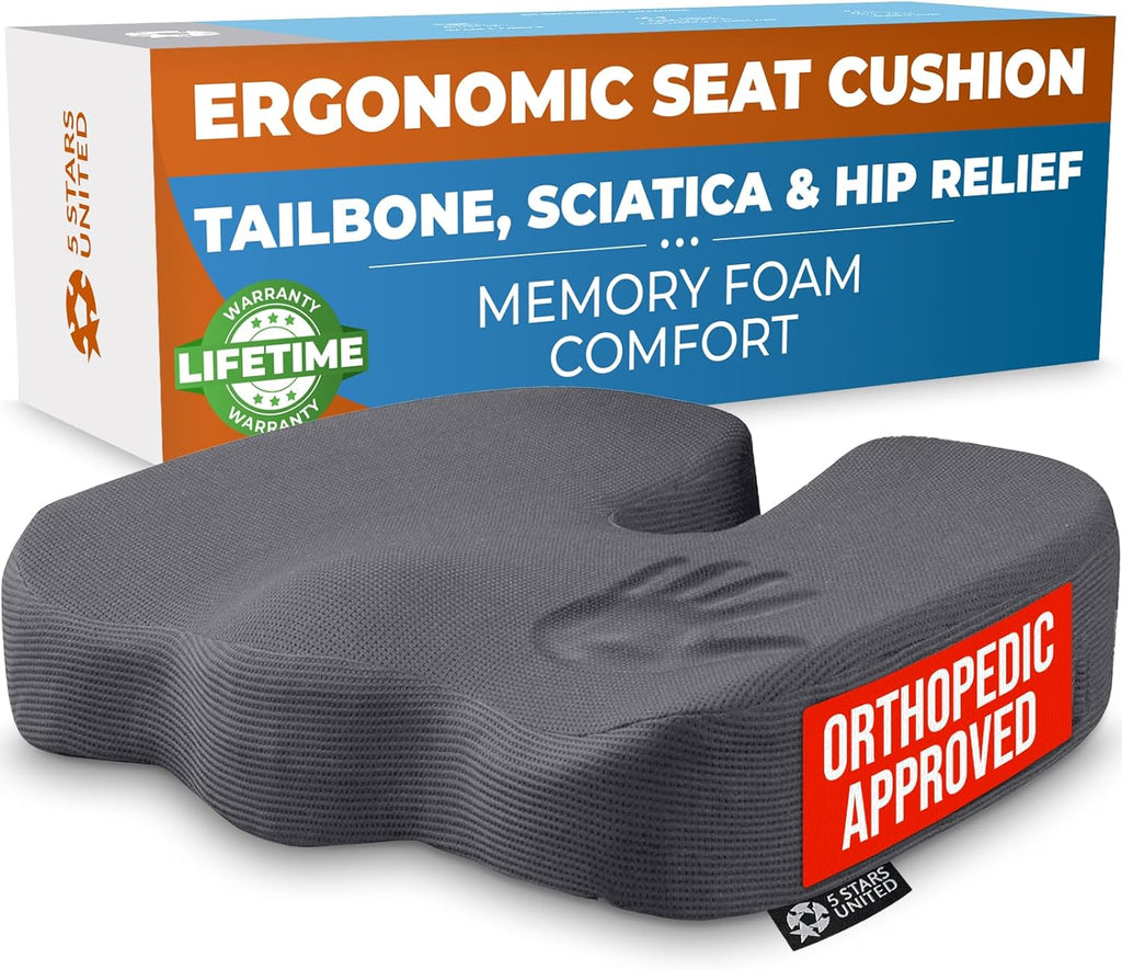 5 STARS UNITED Seat Cushion for Tailbone Pain Relief – Memory Foam Cushion for Coccyx, Hip, Hemorrhoid, Sciatica & Post-Surgery Recovery – Wheelchair, Car, Desk, Gaming & Office Chairs, D Gray