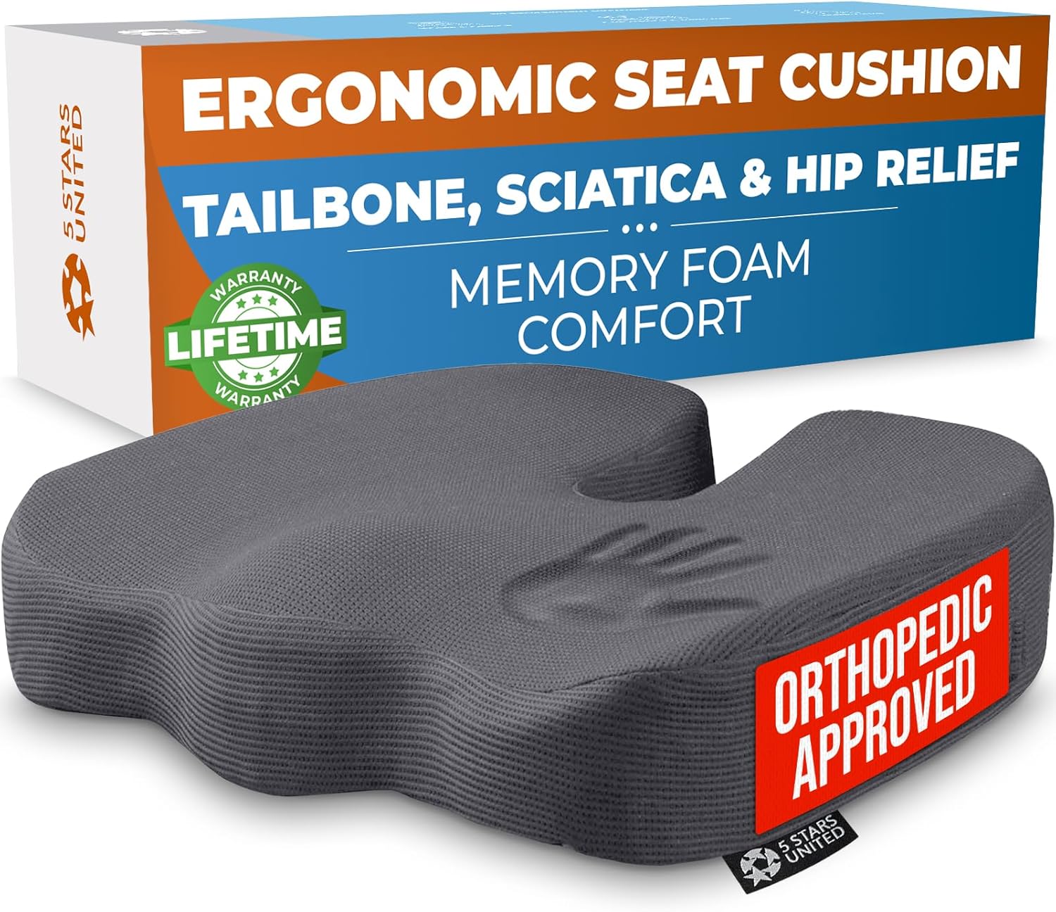 5 STARS UNITED Seat Cushion for Tailbone Pain Relief – Memory Foam Cushion for Coccyx, Hip, Hemorrhoid, Sciatica & Post-Surgery Recovery – Wheelchair, Car, Desk, Gaming & Office Chairs, D Gray
