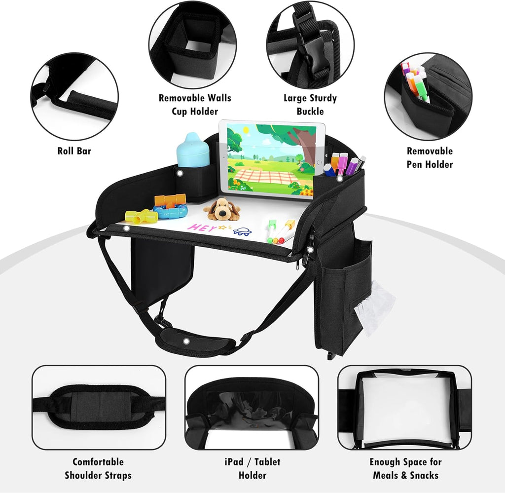 Kids Travel Tray for Car Seat, Toddler Road Trip Essentials With Drawing Kit, Travel Activities Must Haves (Black)