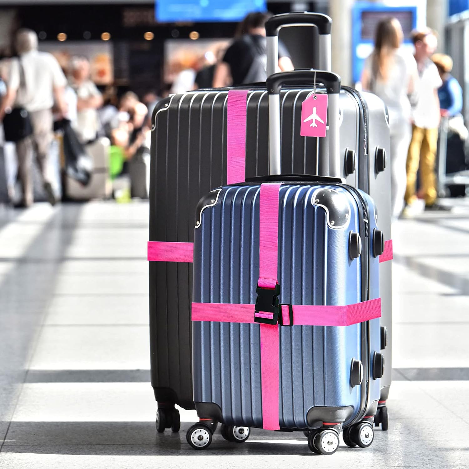 Weewooday 8 Pcs Luggage Straps Suitcase Tags Set for TSA Approved, 4 Travel Adjustable Suitcase Belt, 4 Silicone Luggage Tags with Name ID Card Travel Accessories(Pink,Airplane)