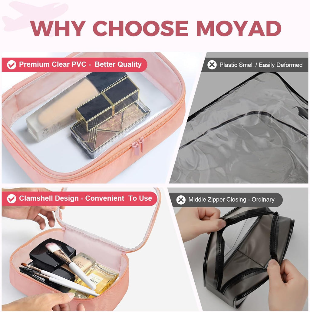 Moyad TSA Approved Clear Toiletry Bag, 1 Pack Quart Size 3-1-1 Liquids Pouch for Travel, Transparent Makeup & Cosmetic Organizer for Women Men, Peach Pink