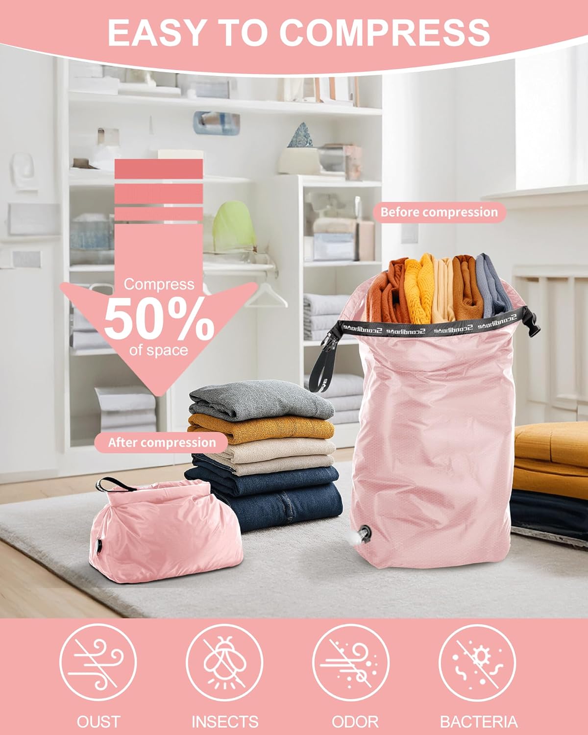 Travel Laundry Bag, Pump Free Vacuum Storage Bag Reusable Compression Dirty Clothes Travel Bag Waterproof Wet Dry Bags Large Capacity Space Saver Bags Camp Clothes Organizer (1 Pcs)(Pink, L)