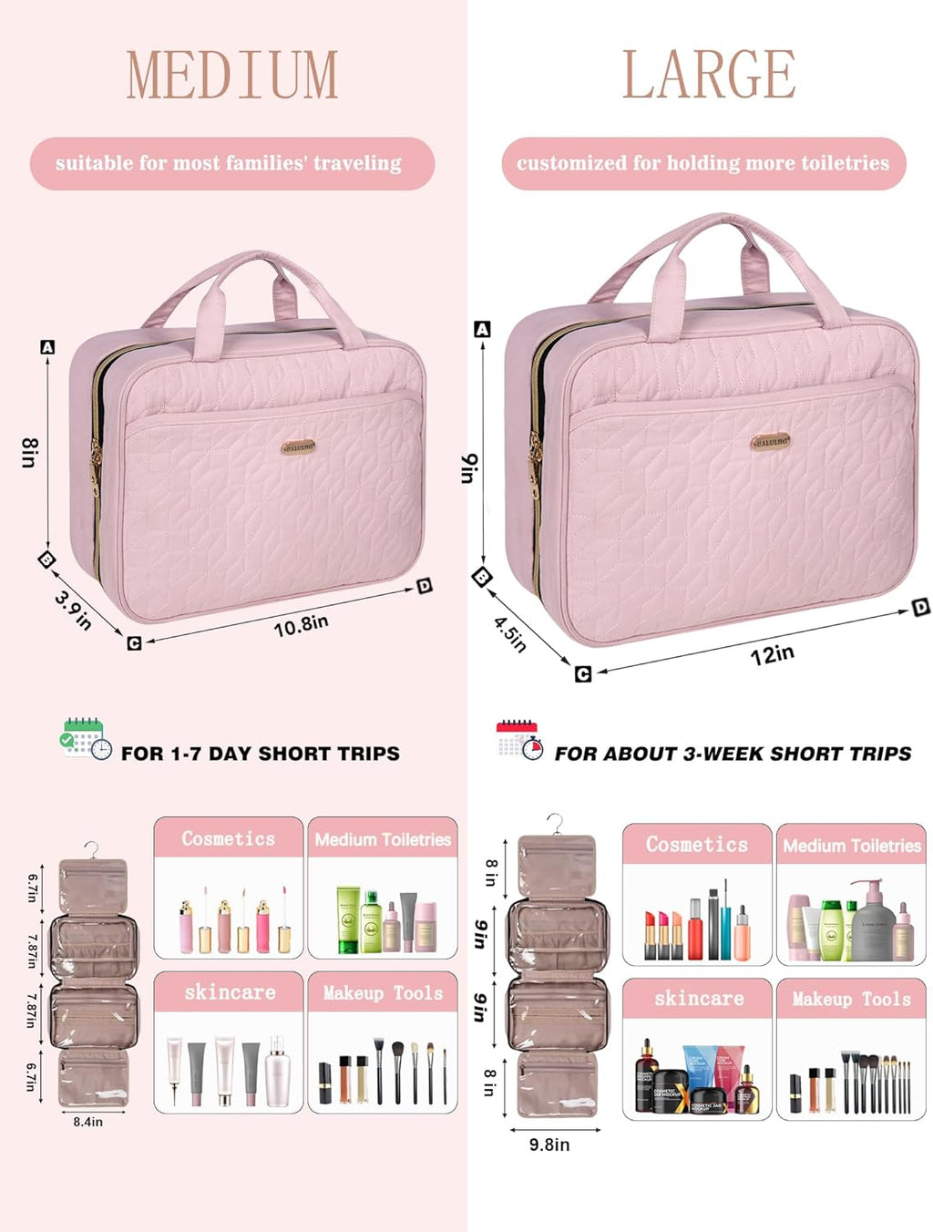 Pink Toiletry Bag, Makeup Organizer, Travel Bag For Women Mens Toiletries, Waterproof with Hanging Hook, Large Capacity