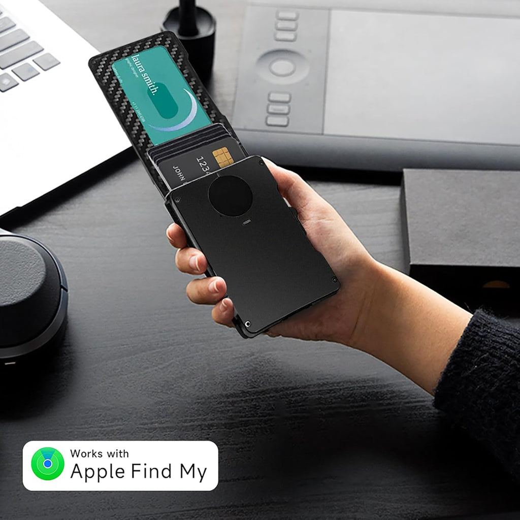 Zeeker Mens Air Wallet, with Smart Tracker, RFID Blocking Credit Card Clip, Bi-Fold Minimalist Wallet, Compatible with Apple Find My IOS Only, Replacement AirTag Chip(Carbon Fiber Pattern)