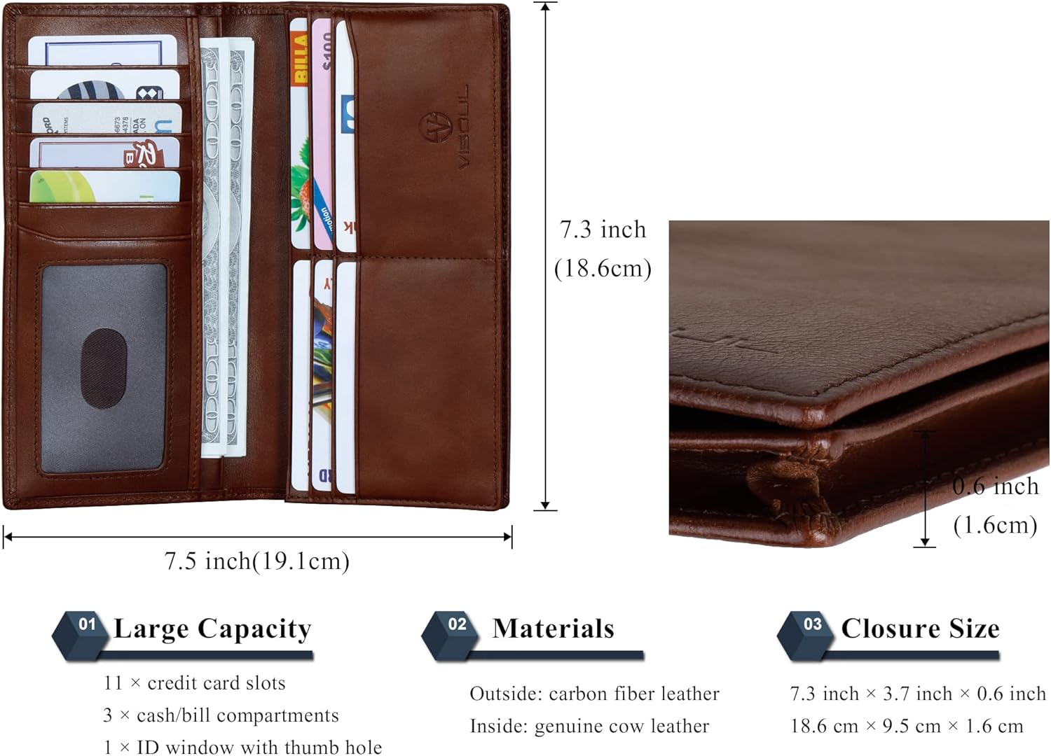 VISOUL Mens Checkbook Leather Wallets Long Bifold Wallets for Men Suit Wallet with 3 Cash Compartments 12 Credit Card Slots (Brown)