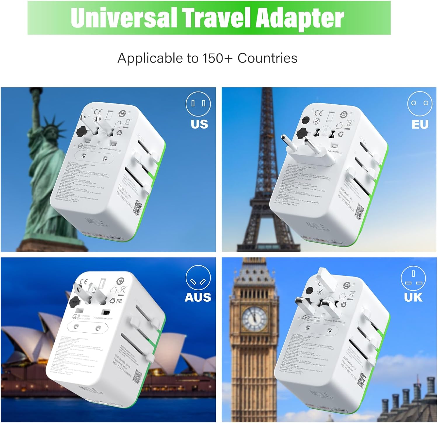 GlocalMe RoamPlug Universal Travel Adapter with 4G WiFi Mobile Hotspot and US 1GB Data, All-in-One International Power Plug Adapter, 4 USB Ports and Max 70W Output for EU UK AUS