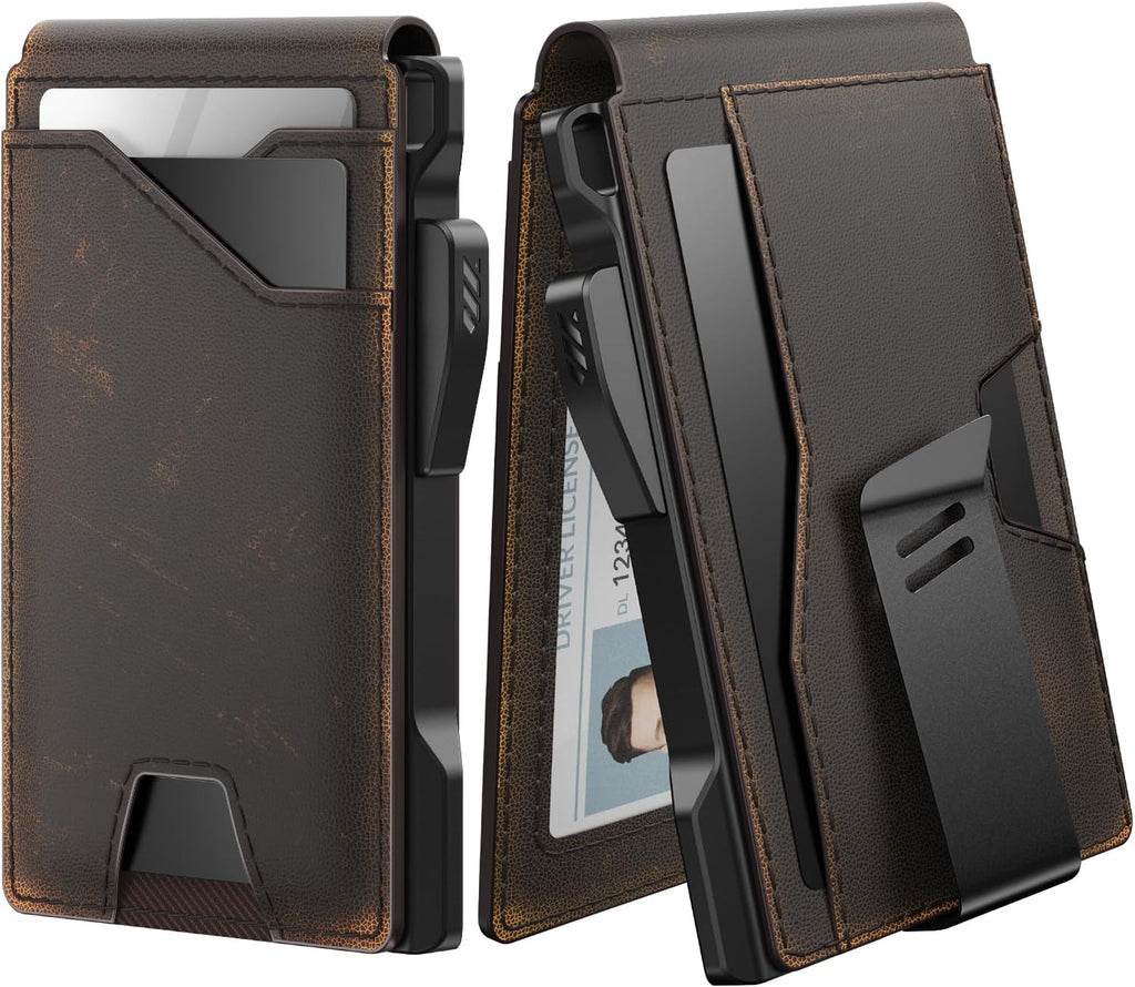 typecase Tactical Wallet for Men Card Holder: Pop Up Card Case, Full Grain Leather, Smart, RFID Blocking, Slim, Minimalist, Thin, Front Pocket - 10 Card Slots, ID Window, Money Clip (Burnished Black)