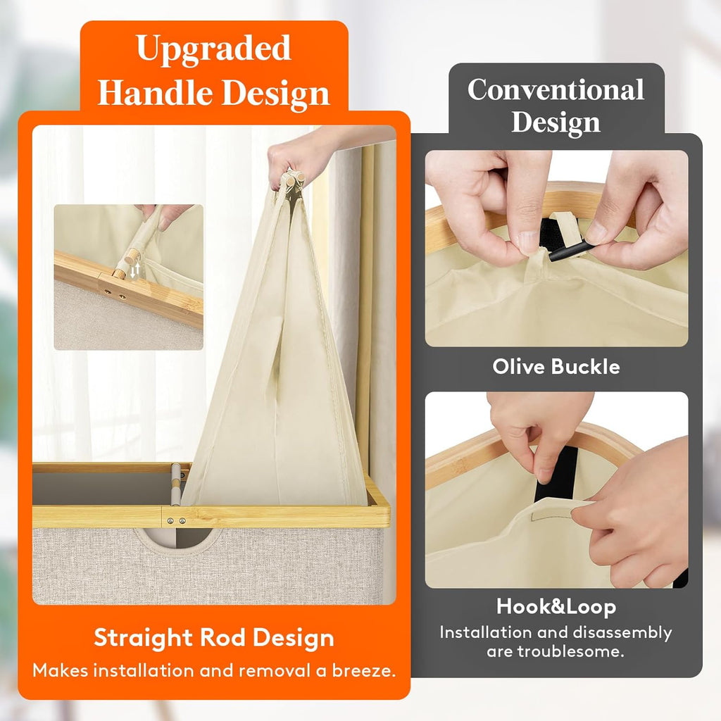 Lifewit 120L Double Laundry Hamper with Lid, Extra Large Bamboo Laundry Basket Dirty Clothes Hamper, 2 Section Laundry Bin Organizer for Laundry Room Bedroom with 2 Removable Liners & Bags, Beige