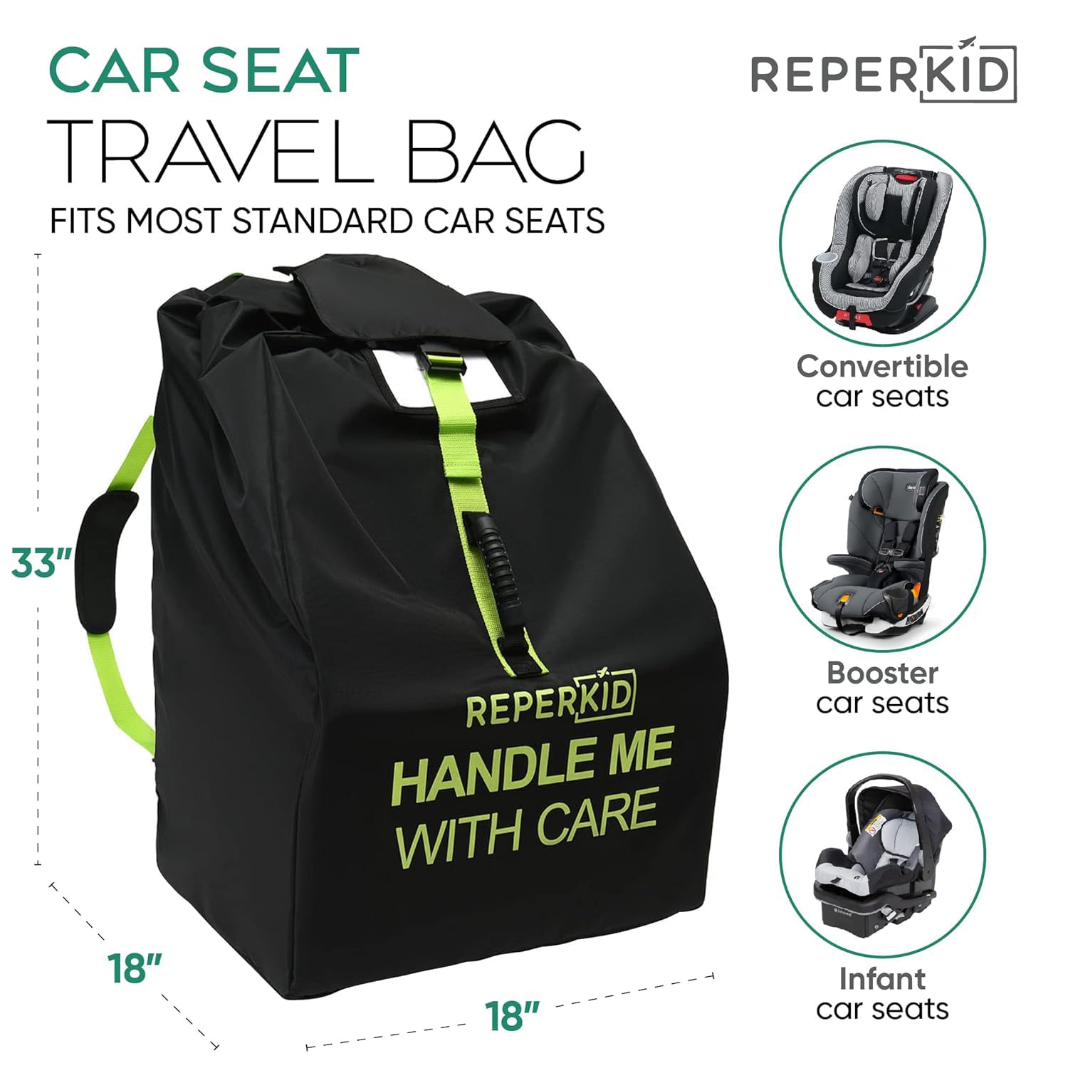 reperkid Car Seat Travel Bag for Airplane, Black and Green, 33" H x 18" W x 18" D, Fits Most Convertible, Booster and Infant Car Seats – Premium Waterproof Cover, Adjustable Shoulder Strap