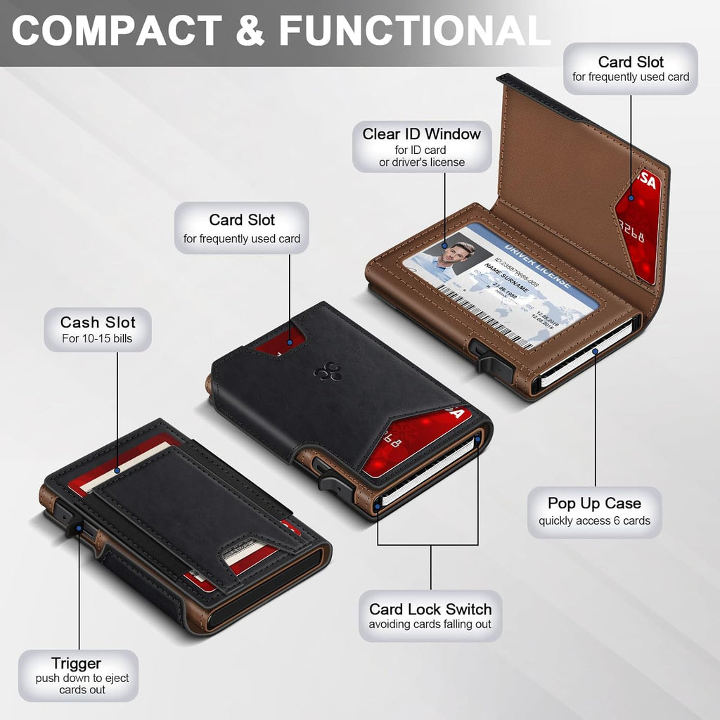 Wallet for Men Wallet with Slim Pop Up Card Holder 9-13 Cards, Bifold Minimalist Smart Wallet RFID Blocking Credit Card Holder with ID Window & Stretchable Cash Slot Compact Metal Aluminum Card Case