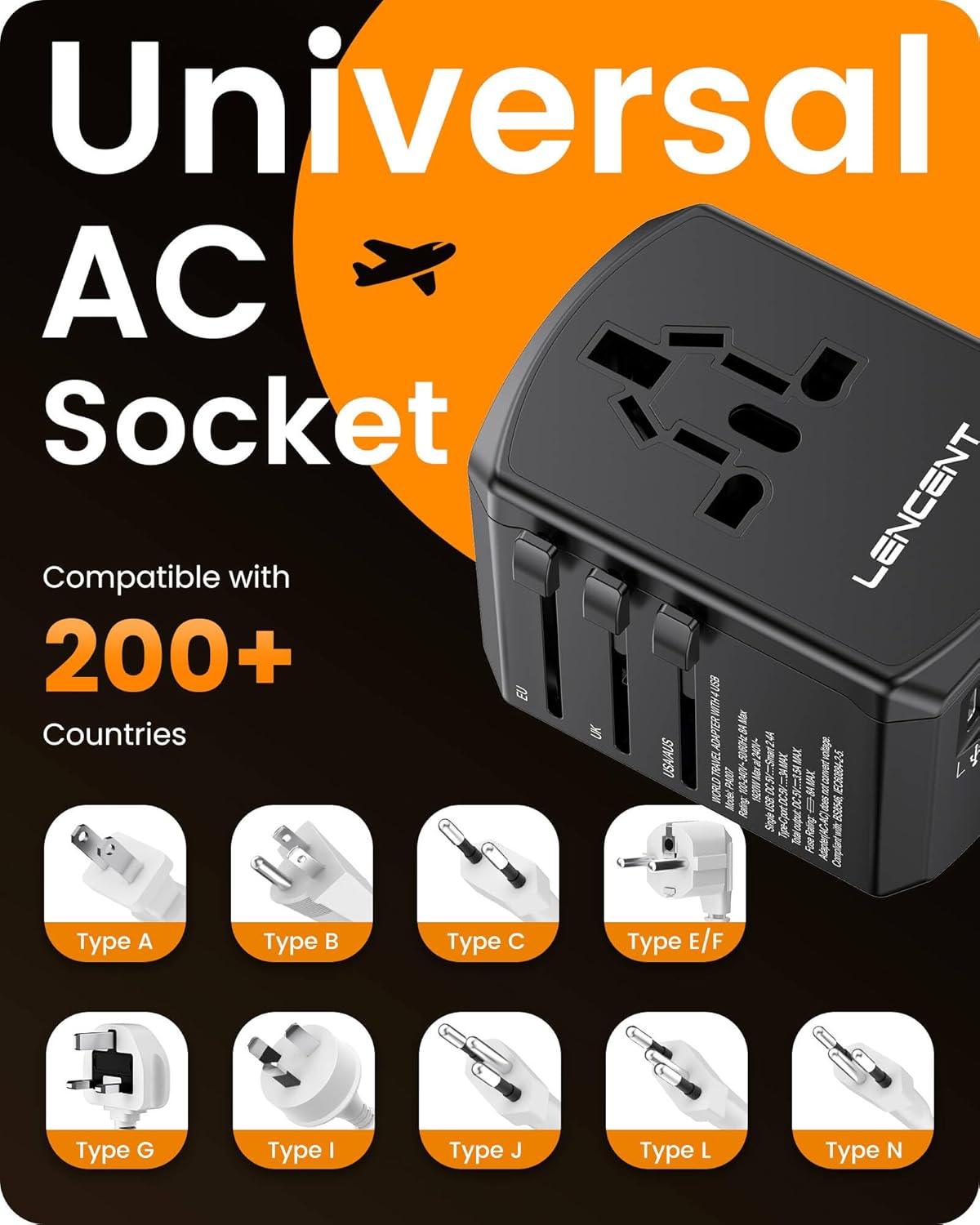 LENCENT Universal Travel Power Adapter, International AC Plug Adaptor with 2 USB C 2 USB A Ports Wall Charger Worldwide Travel Essentials for US to EU UK Ireland Australia (Type C/G/A/I) Black