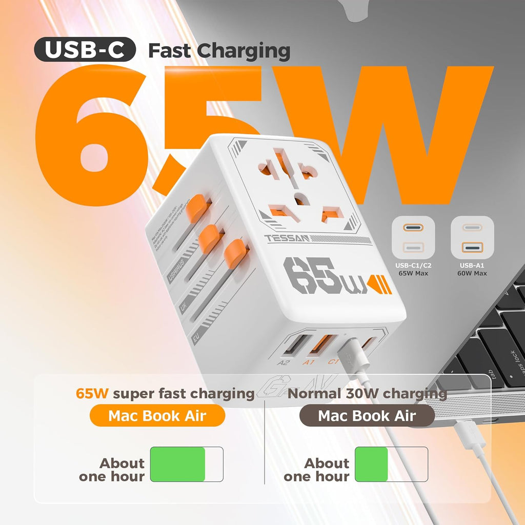 TESSAN Universal Travel Adapter, 65W GaN International Plug Adaptor with 4 USB(2 USB C) Charging Ports, Worldwide Power Outlet for US to European EU UK AUS Ireland(Type C/G/A/I)