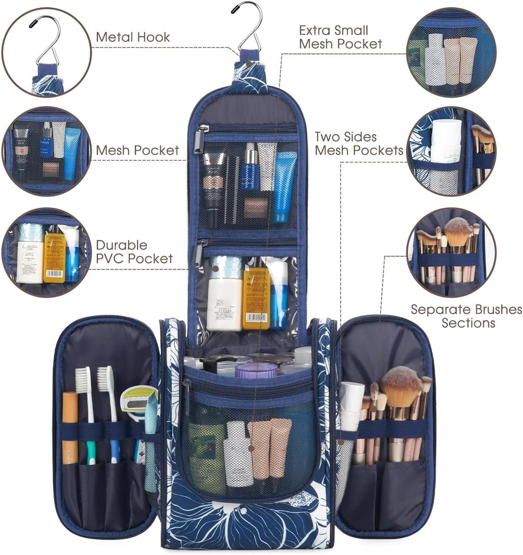 Narwey Small Hanging Travel Toiletry Bag Cosmetic Make up Organizer for Women and Men (Medium, Blue Lotus)