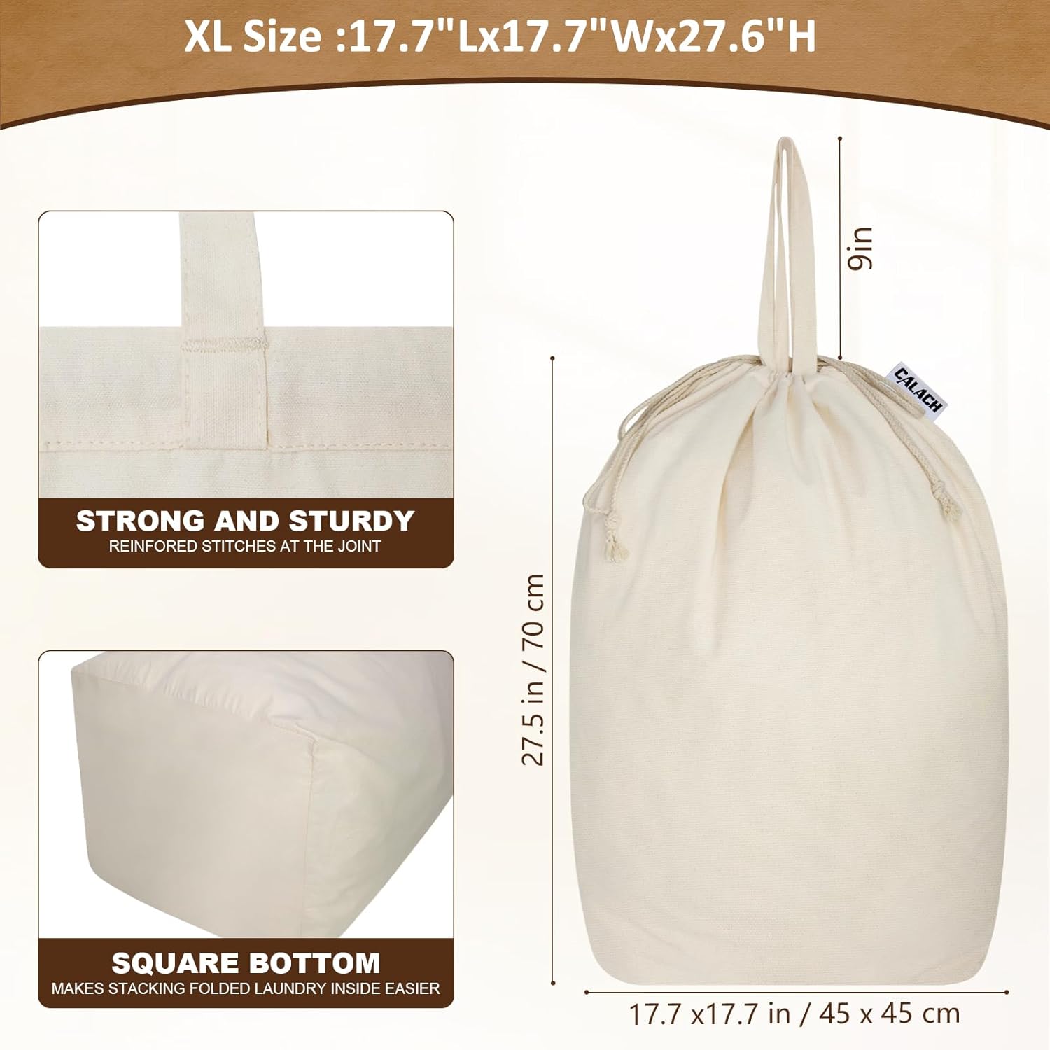 Canvas Laundry Bags 18x18in with Handles & Square Base, Extra Large Heavy Duty Laundry Basket Hamper Liner, Washable Drawstring Dirty Clothes Bag Canvas Storage Sack (Natural XL,1 Pack)