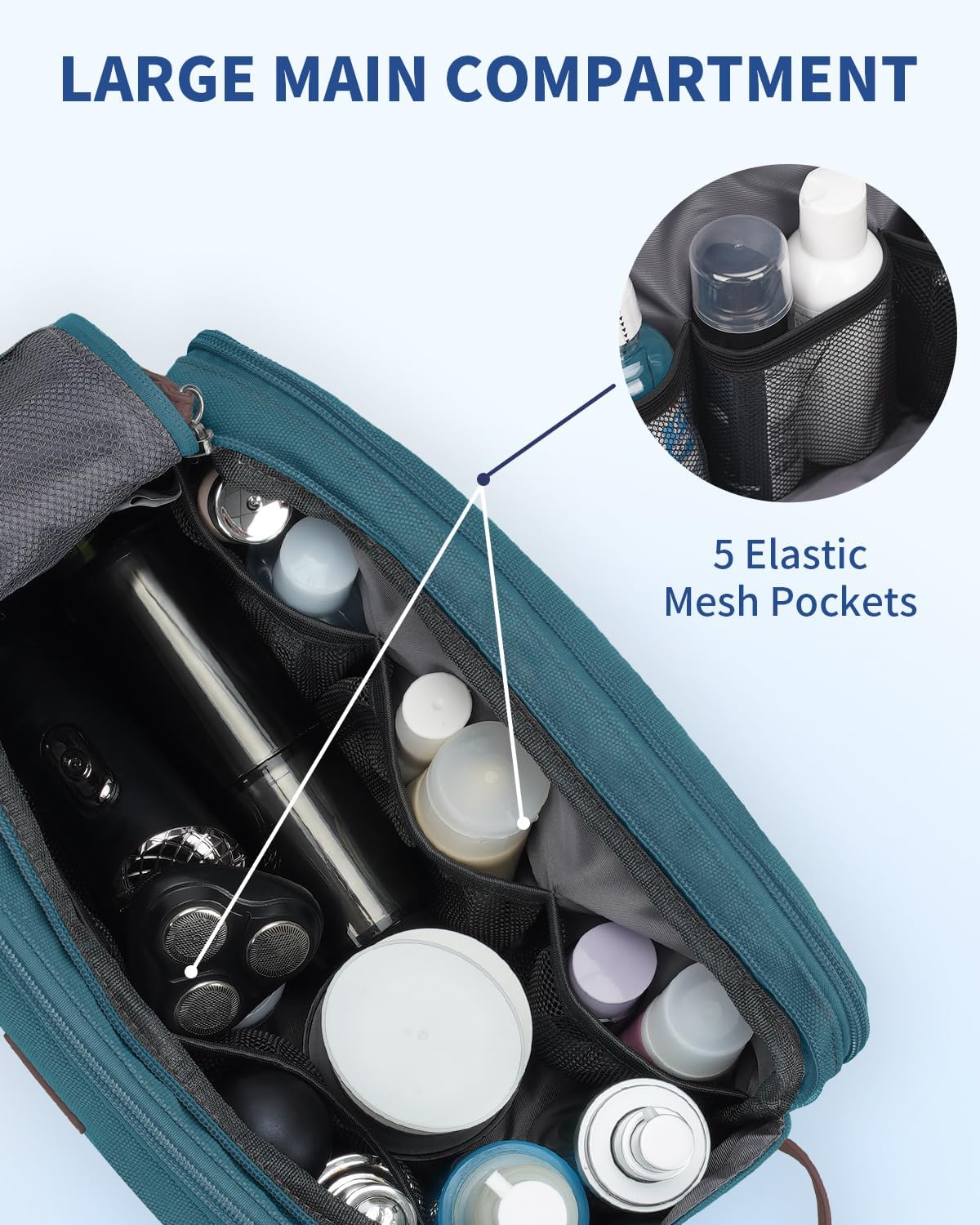 WANDF Toiletry Bag for Men Travel Toiletry Organizer Canvas and Leather Dopp Kit Water-Resistant Shaving Bag for Travel Accessories (Blue-Green, Large)