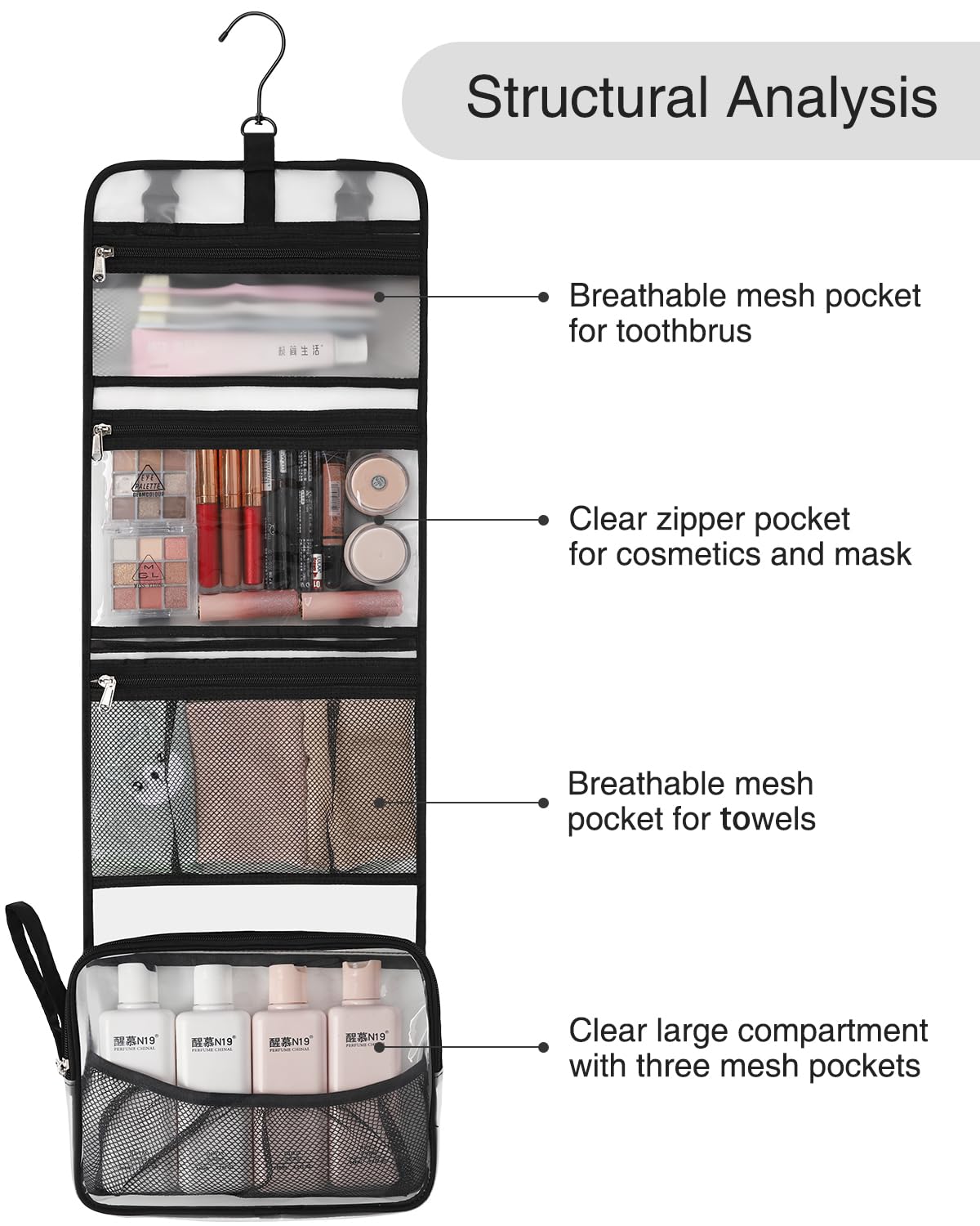 Relavel Travel Hanging Toiletry Bag for Men Women Travel Kit Shaving Bag Waterproof Large Makeup Bag Wash Bag Makeup Organizer Cosmetic Case for Bathroom Shower Semitransparent