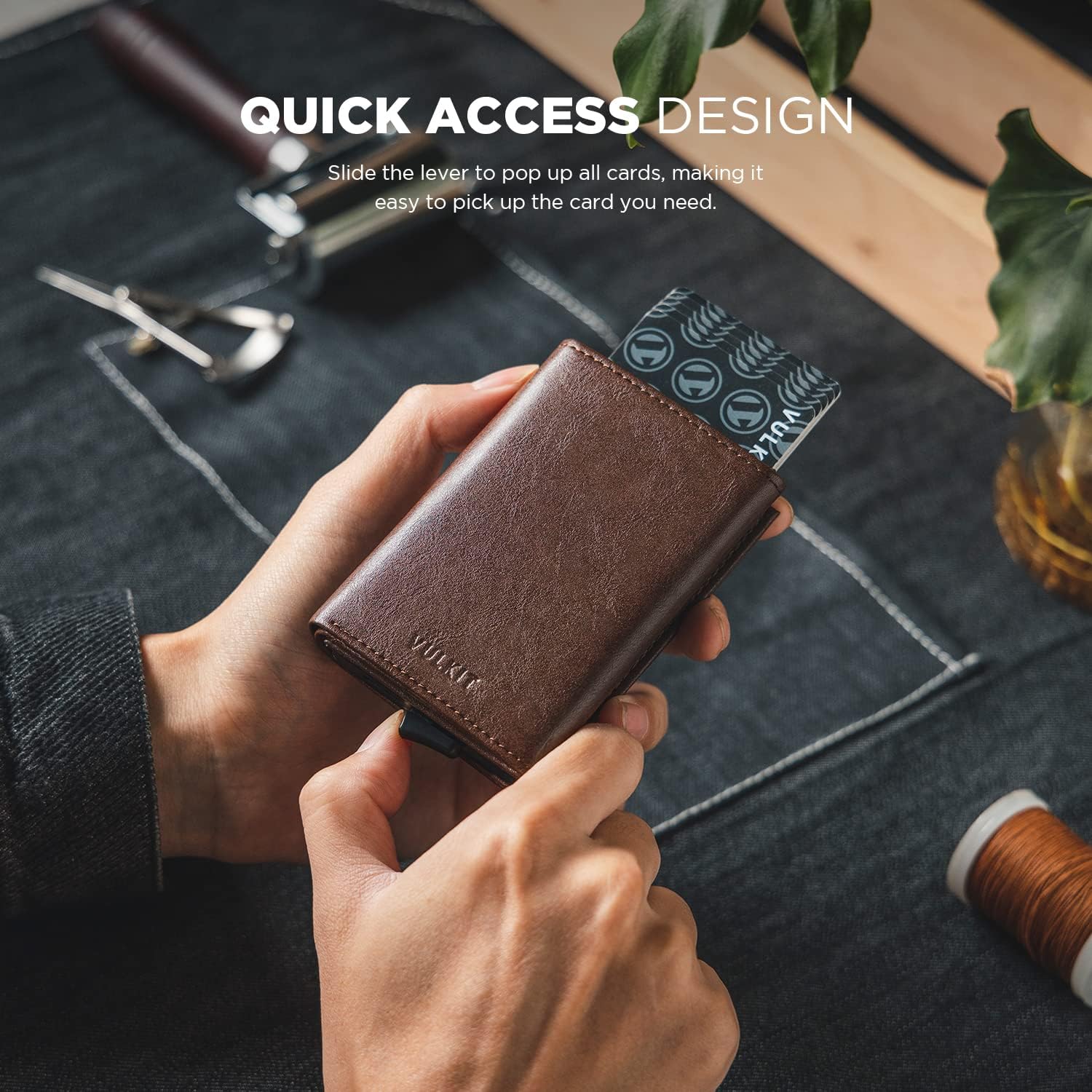VULKIT Pop up Card Wallet Minimalist Cash Wallets RFID Blocking Leather Smart Credit Card Holder with ID window for Men(Espresso)