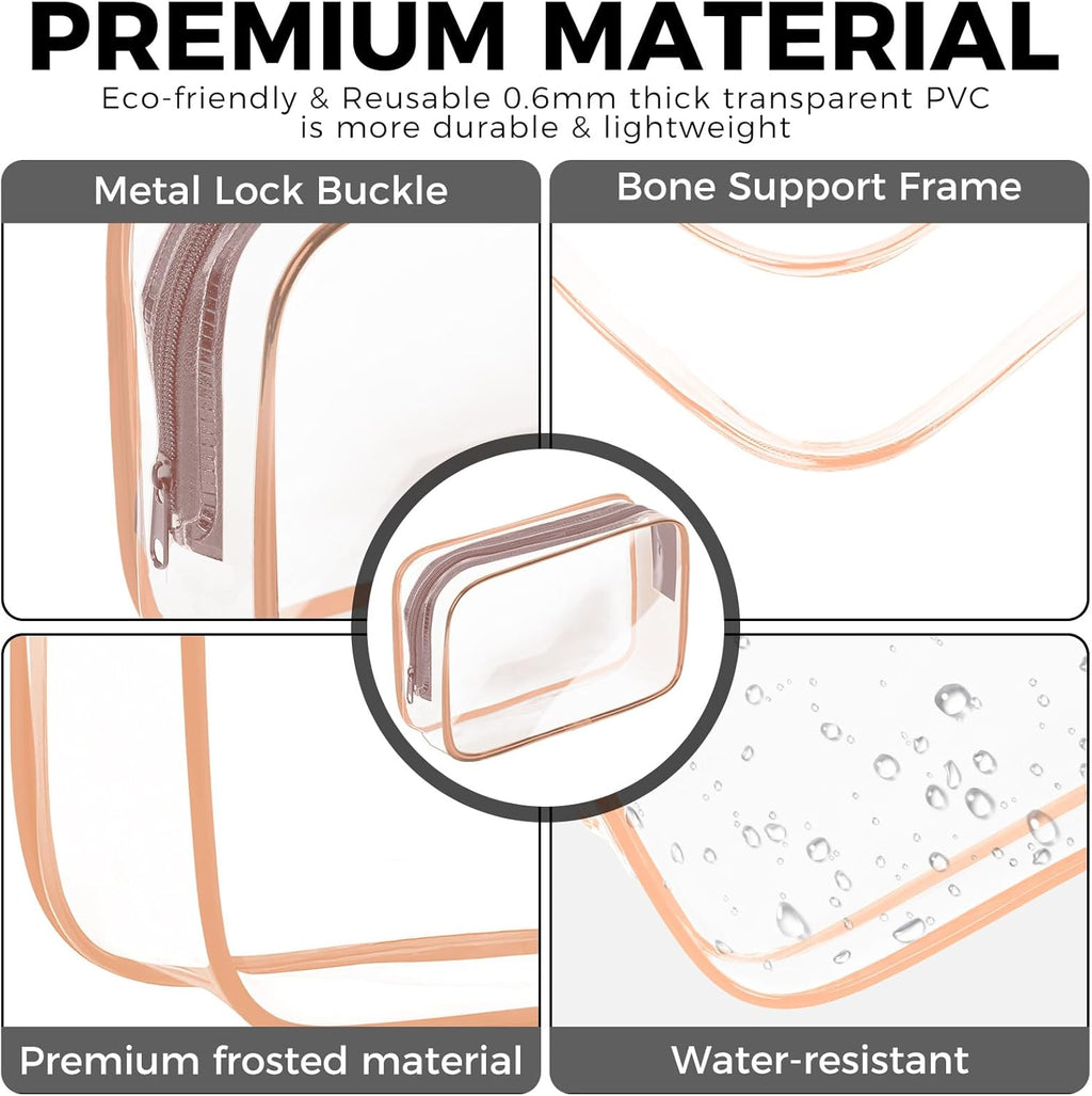 AURUZA 4 Pack Clear Toiletry Bag,Portable Travel Makeup Bags with Zipper, TSA Approved Clear Organizer Bags, PVC Cosmetic Pouch for Airport Airline Compliant (4 Packs Rose Pink)