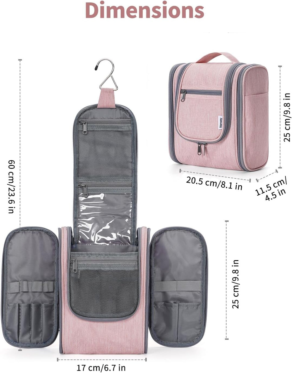 Narwey Small Hanging Toiletry Bag Women Travel Makeup Bag Organizer Toiletries Bag for Travel Size Essentials Accessories Cosmetics (Medium, Pink)