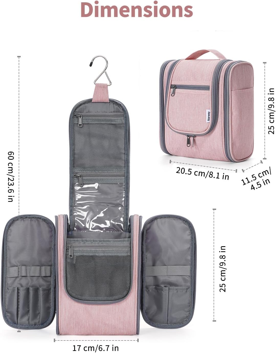 Narwey Small Hanging Toiletry Bag Women Travel Makeup Bag Organizer Toiletries Bag for Travel Size Essentials Accessories Cosmetics (Medium, Pink)