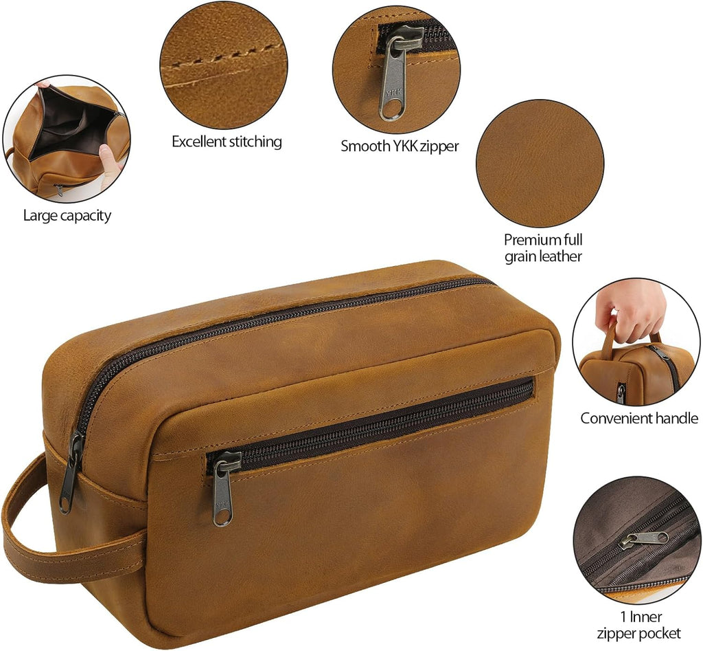 Ringsun Genuine Leather Toiletry Bag, Hanging Makeup Bag with Large Capacity for Women Men, Handcrafted Vintage Travel Toiletry Bag for Accessories, Shampoo, Full-size Container, Toiletries