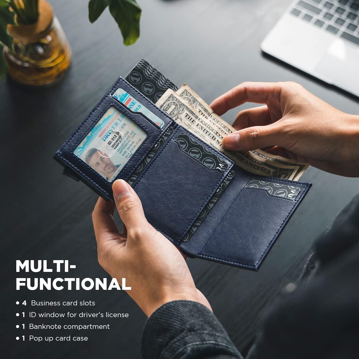 VULKIT Pop up Card Wallet Minimalist Cash Wallets RFID Blocking Leather Smart Credit Card Holder with ID window for Men(Navy)