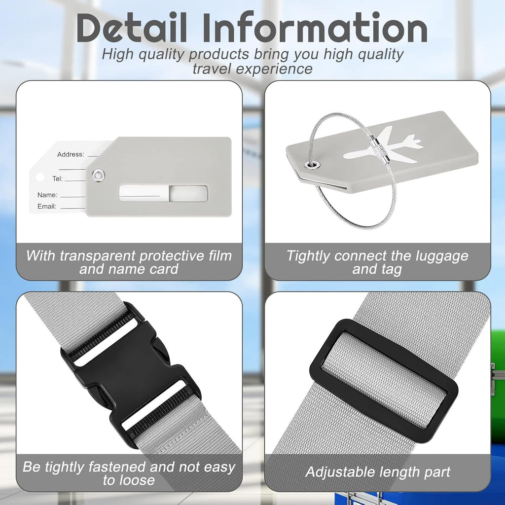 Weewooday 8 Pcs Luggage Straps Suitcase Tags Set for TSA Approved, 4 Travel Adjustable Suitcase Belt, 4 Silicone Luggage Tags with Name ID Card Travel Accessories(Light Gray,Airplane)