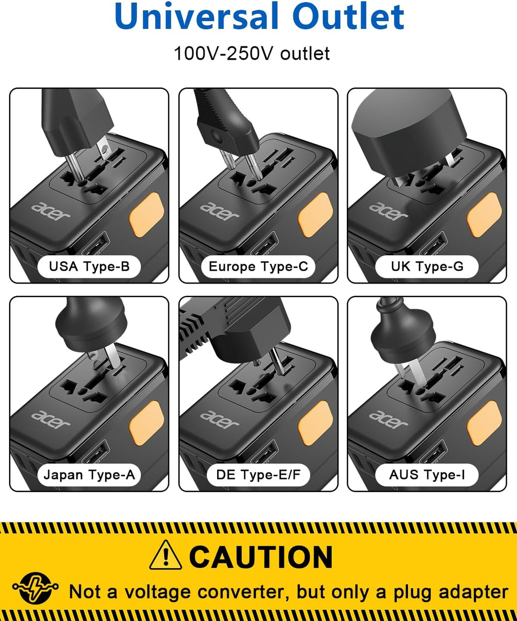 Acer 45W GaN Universal Travel Plug Adapter - International Power Adapter with 3 USB C & 1 USB A, Worldwide Power Outlet Travel Essentials for USA to European UK AUS Ireland, Type C/G/I/A, Black