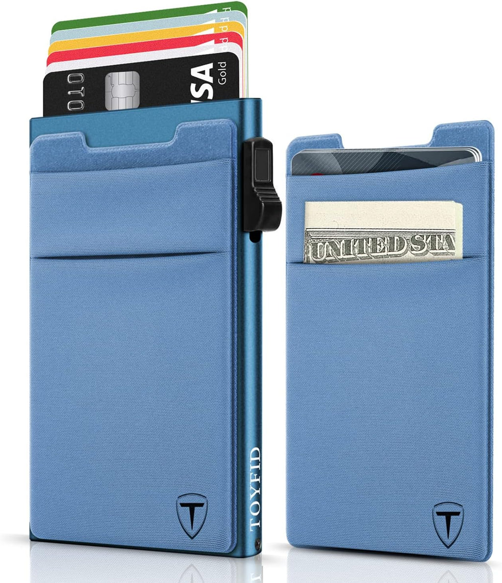 Slim Wallet for Men and Women,Pop Up Credit Card Wallet Metal Minimalist Cards Holder with Money Pocket,Small Ultralight Aluminum RFID Blocking Wallets 6-12 Card Capacity,Navy Blue