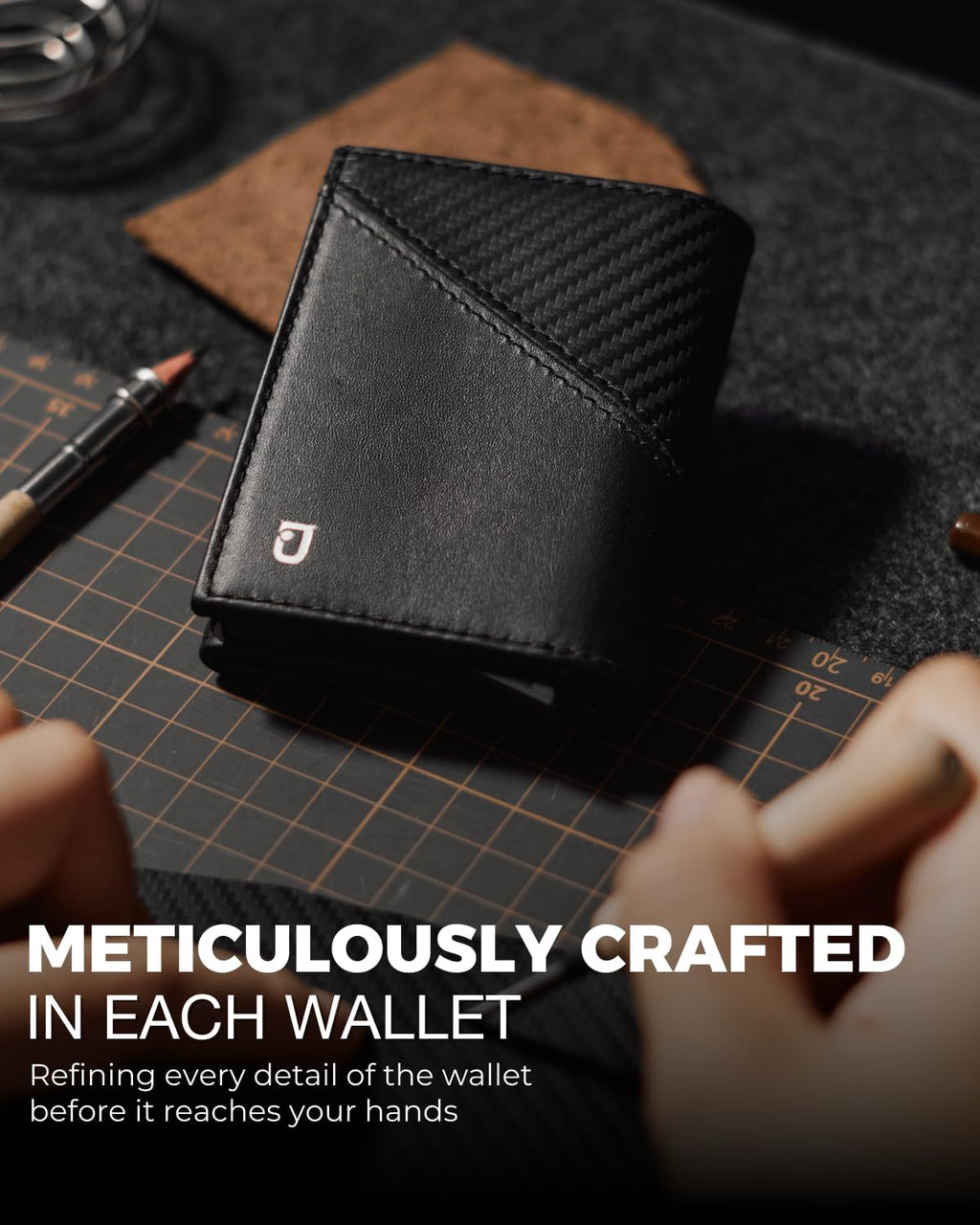 Jenoss Smart Wallet For Men: Full Grain Leather, Handcrafted, Slide Metal Pop Up Grey Case, Slim RFID Blocking Credit Card Holder, Minimalist Compact 12 Cards Slot Organizers ID Money Clip (Carbon)