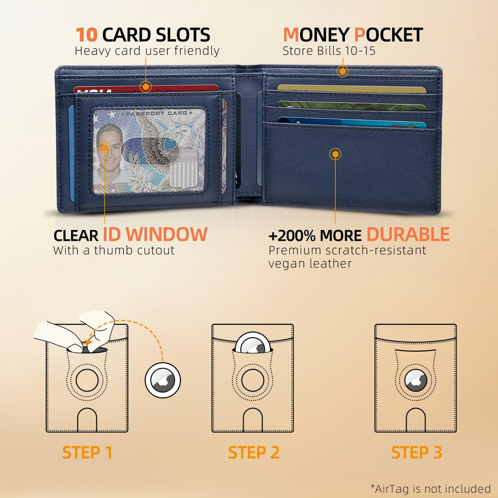 RUNBOX AirTag-Wallet-Mens-Slim-RFID Blocking Wallets Leather with Bill Compartment Air Tag Bifold Card Holder Wallet Gifts for Men Dad