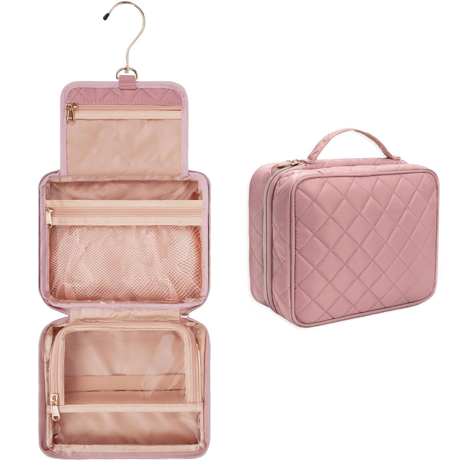 CUBETASTIC Travel Toiletry Bag, Makeup Bag for Women, Small Hanging Travel Bag for Toiletries with 3 Compartment, Portable Cosmetic Organizer Case, Water-resistant, Pink