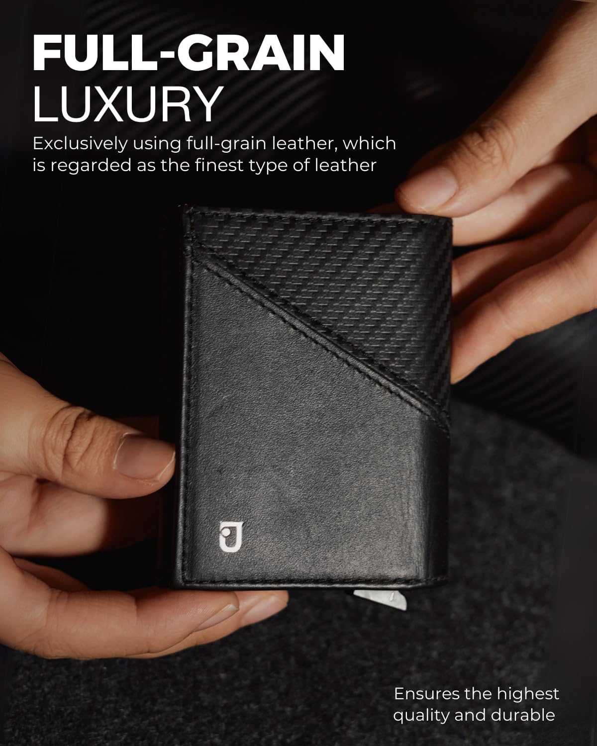 Jenoss Smart Wallet For Men: Full Grain Leather, Handcrafted, Slide Metal Pop Up Case, Slim RFID Blocking Credit Card Holder, Minimalist Compact 12 Cards Slot Organizers ID Money Clip (Black & Carbon)