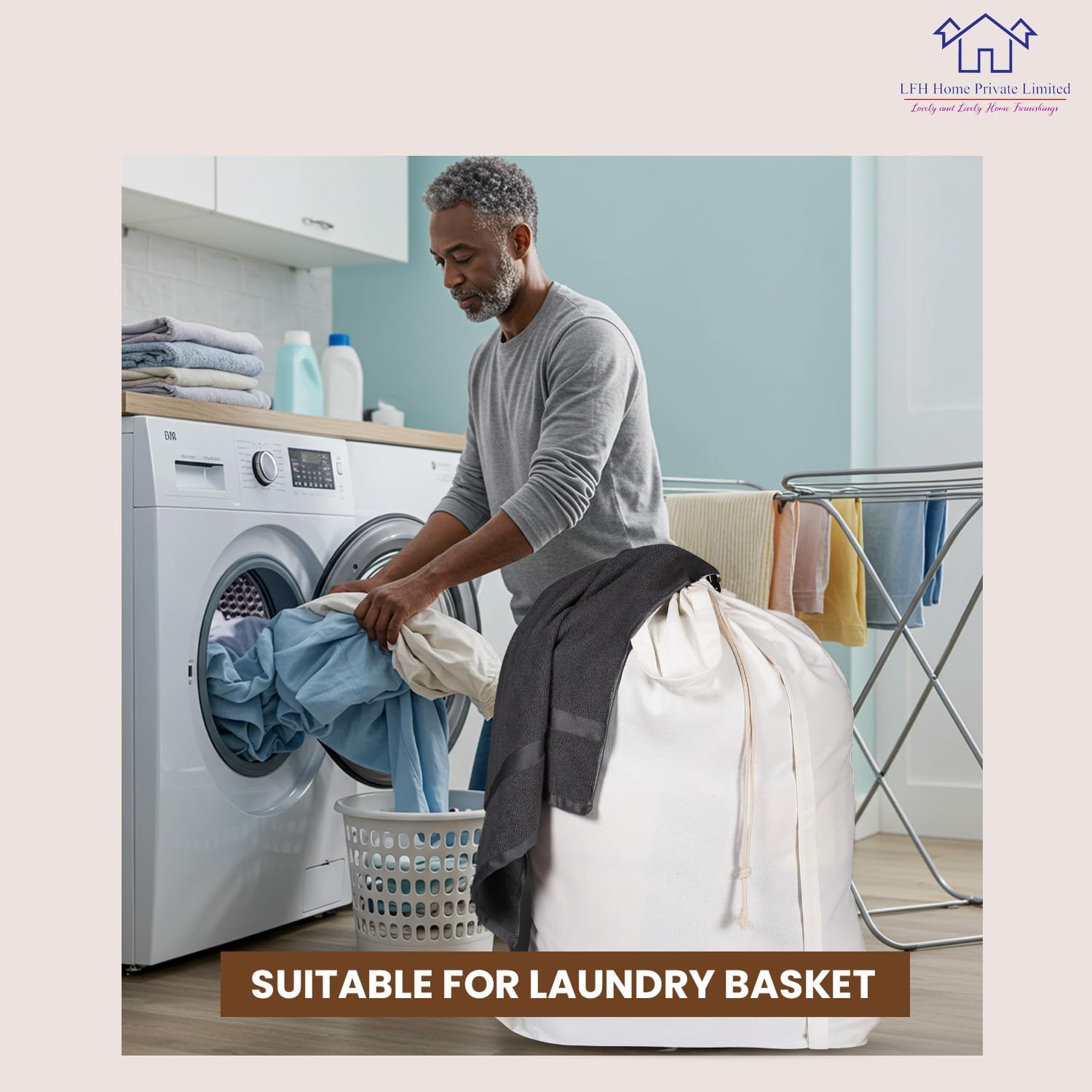 LFH Home Cotton Canvas Large Laundry Bag with Handle, Heavy Duty Drawstring Closure Washable Laundry Bags School Travel, Home, Hotel, College Dorm, Organizer Sack, Toys Clothes 20x30-White