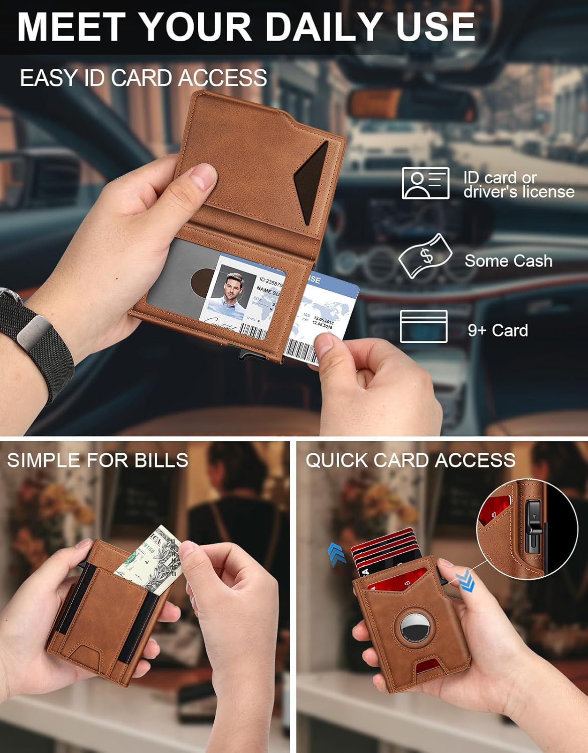 Airtag Wallet for Men, Minimalist Slim Mens Wallet Smart Pop Up Credit Card Holder for 9-13 Cards, RFID Blocking Wallet with ID Window & Cash Slot, Compact Bifold Metal Aluminum Card Case