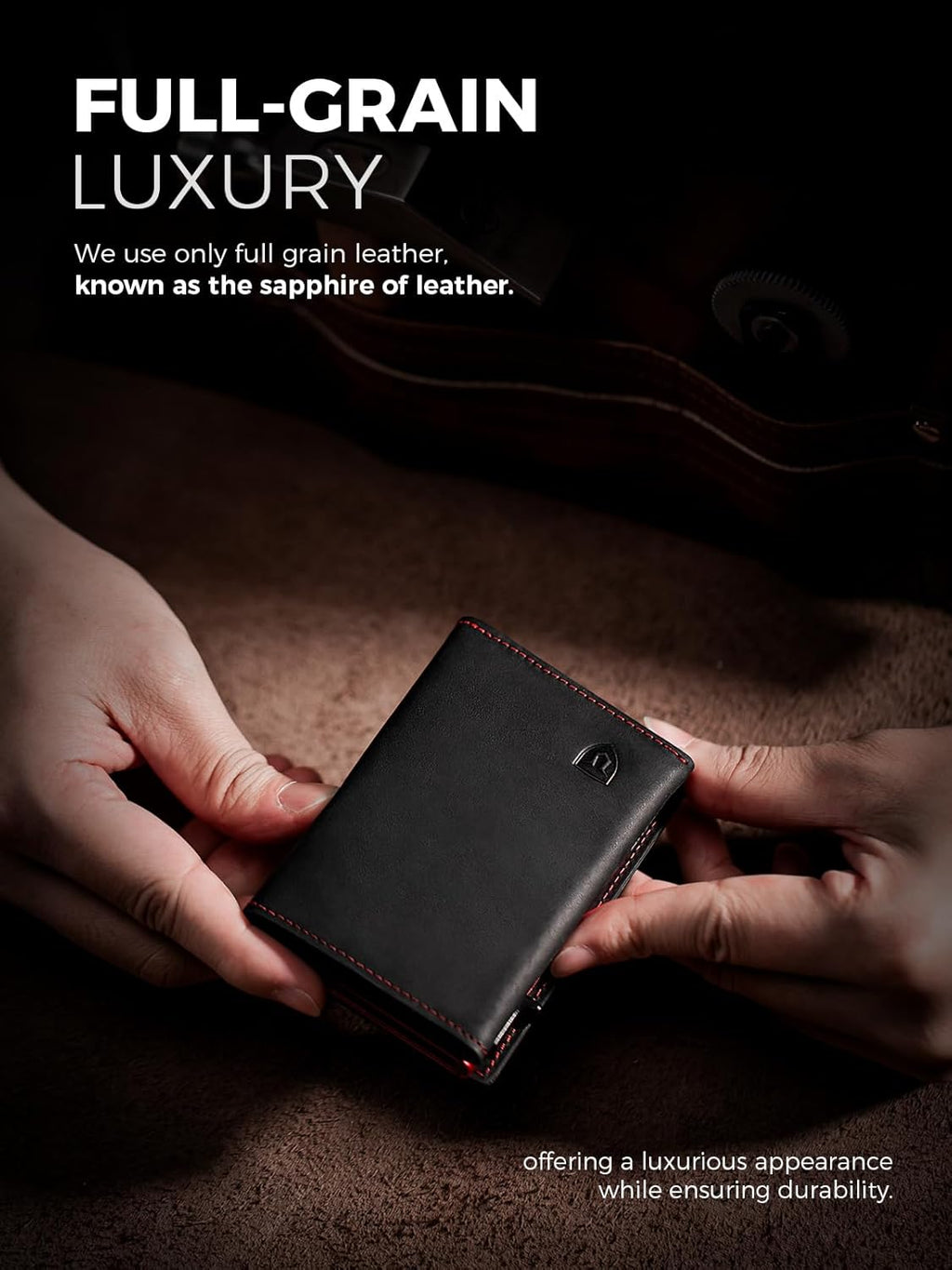 LORZOR Wallet for Men with Metal Card Holder, Pop Up Wallet, Finest Full Grain Leather Trifold Wallet, Smart, Minimalist, RFID Blocking, Front Pocket, ID Window, Black/Red