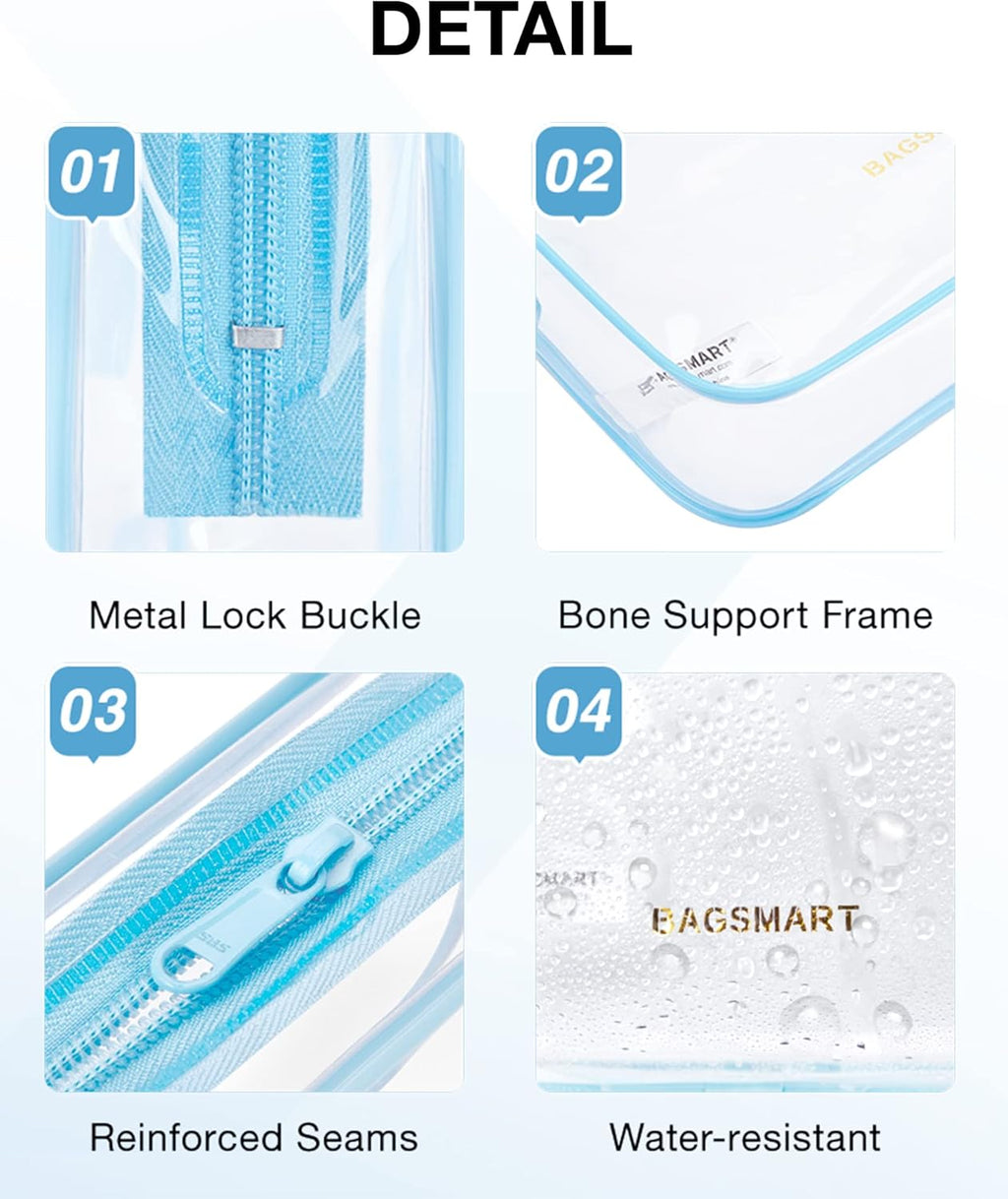 BAGSMART Clear Toiletry Bag, 2 Packs TSA Approved Water Resistant Quart Size Travel Organizer, Airport Airline Travel Essential Carry On Makeup Cosmetic Bags for Women, Blue