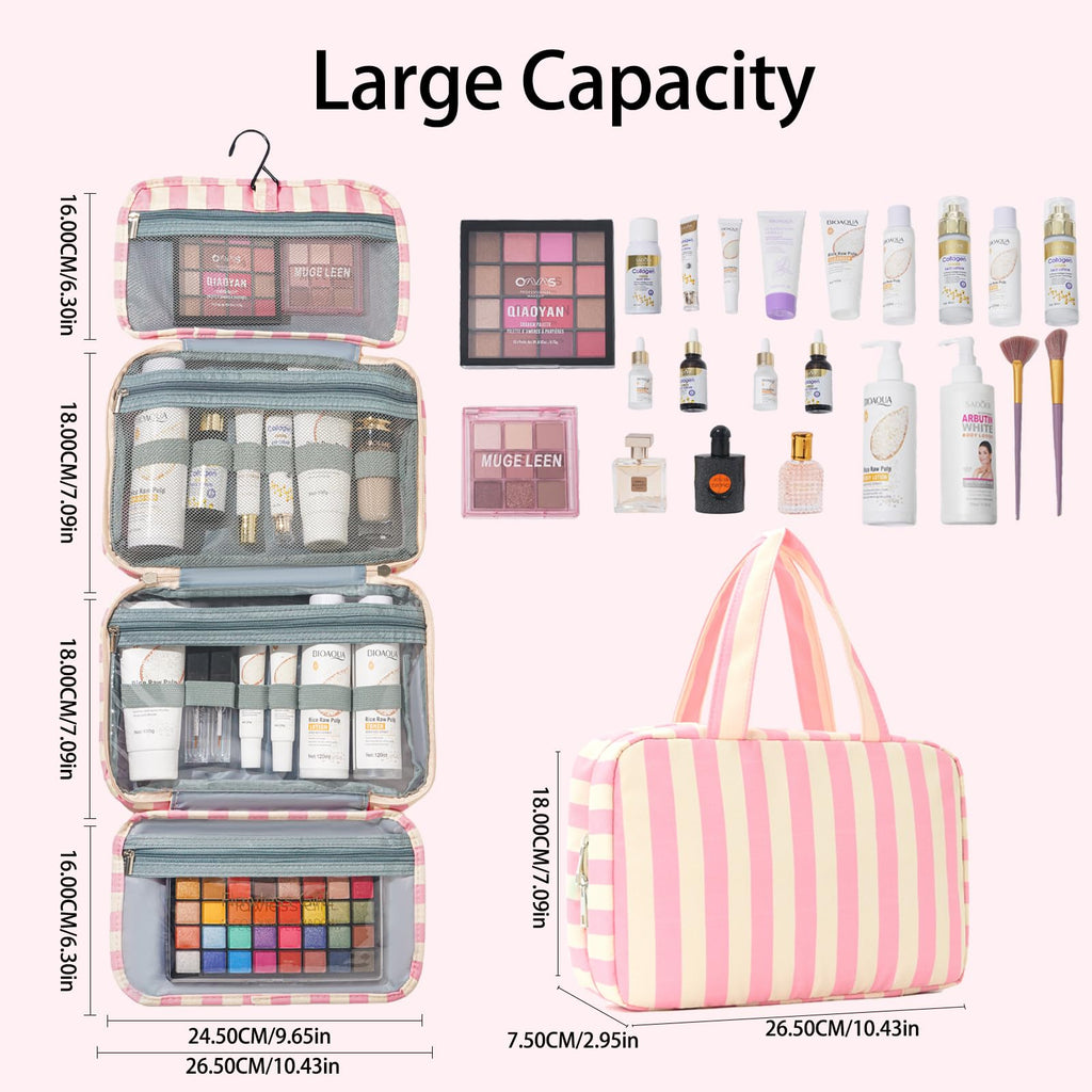 Apxouans Toiletry Bag for Women Travel Water-resistant Cosmetic Bag Fashion Stripes Makeup Bag with Hanging Hook Preppy for Store Toiletries Cosmetic Accessories Large Capacity Pink