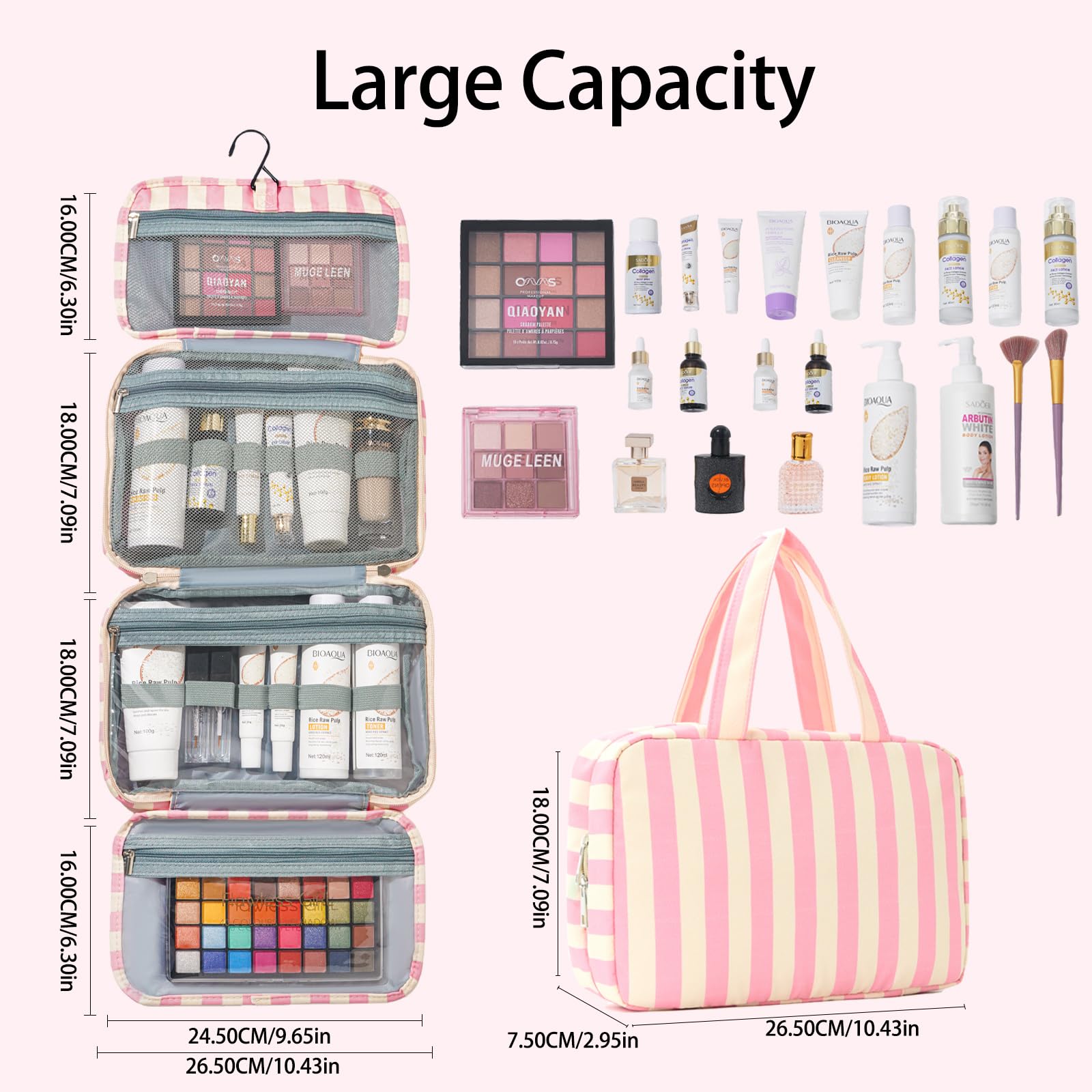 Apxouans Toiletry Bag for Women Travel Water-resistant Cosmetic Bag Fashion Stripes Makeup Bag with Hanging Hook Preppy for Store Toiletries Cosmetic Accessories Large Capacity Pink