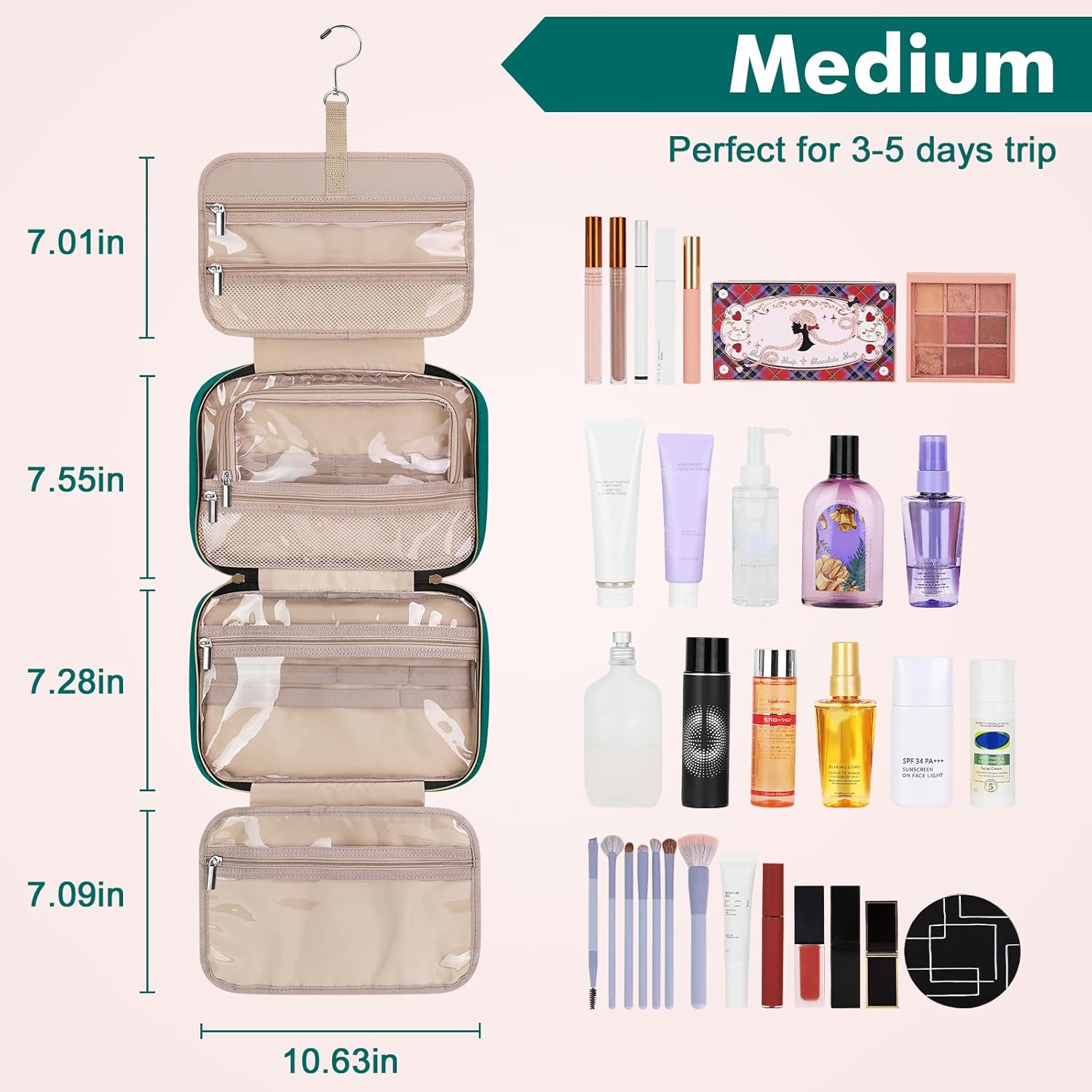 Wedama Toiletry Bag for Women, Medium Cosmetic Travel Bag, Hanging Toiletry Bag for Bathroom, Thickened PVC Waterproof Makeup Bag, Toiletries Bag for Travel Trips and Camping, Turquoise Green