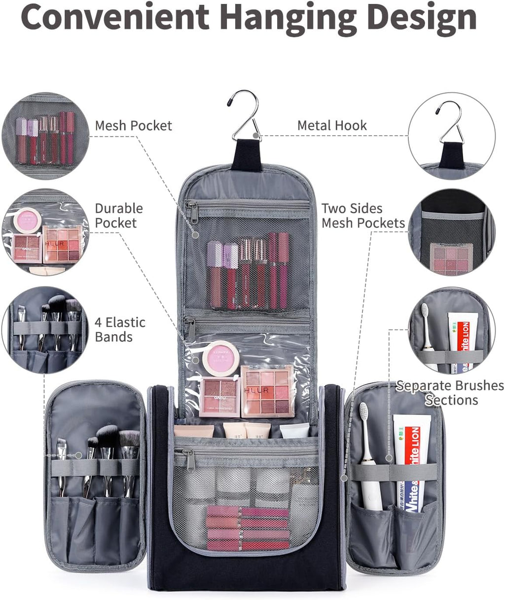 Narwey Hanging Toiletry Bag for Women Travel Makeup Bag Organizer Toiletries Bag for Cosmetics Essentials Accessories (Large, Black)