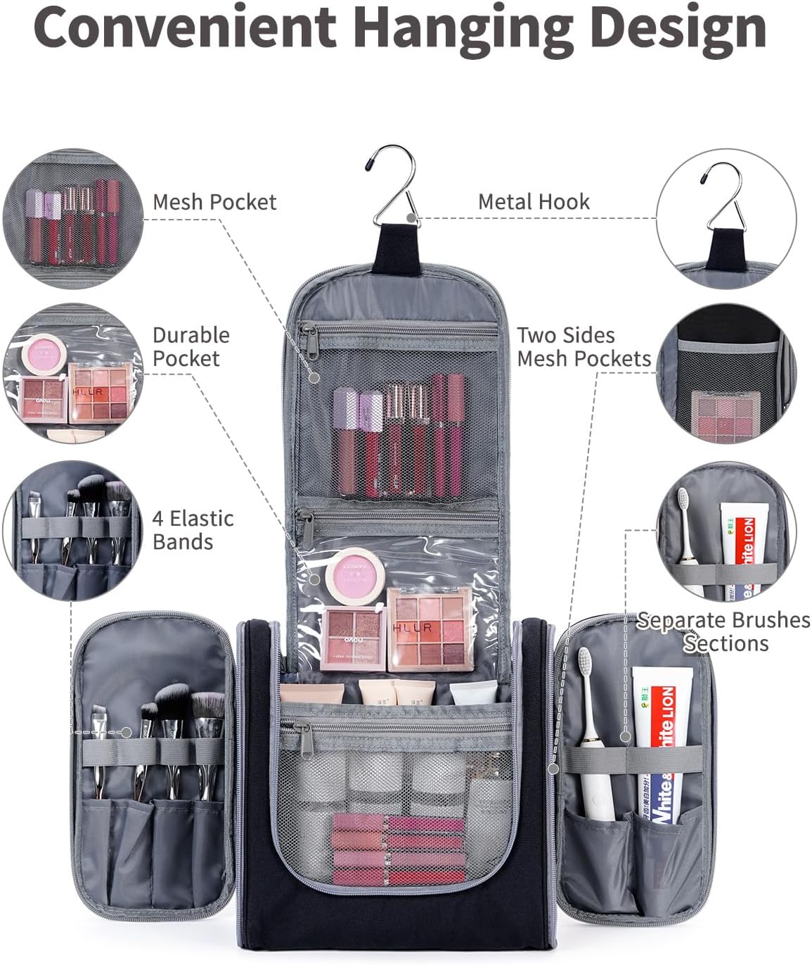 Narwey Hanging Toiletry Bag for Women Travel Makeup Bag Organizer Toiletries Bag for Cosmetics Essentials Accessories (Large, Black)