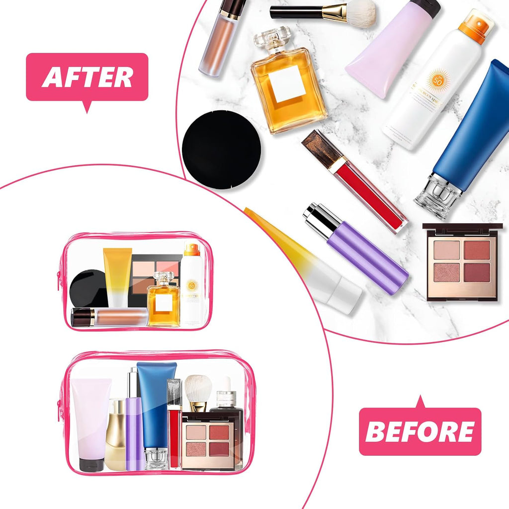 AURUZA 6 Pack Clear Toiletry Bag,Portable Travel Makeup Bags with Zipper, TSA Approved Clear Organizer Bags, PVC Cosmetic Pouch for Airport Airline Compliant (6 Packs Rose Red)