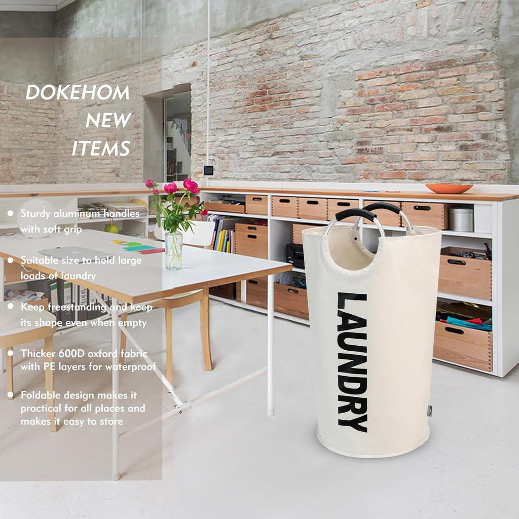 DOKEHOM 90L Large Laundry Basket, Collapsible Laundry Bag, Freestanding Tall Clothes Hamper, Foldable Washing Bin (Beige)
